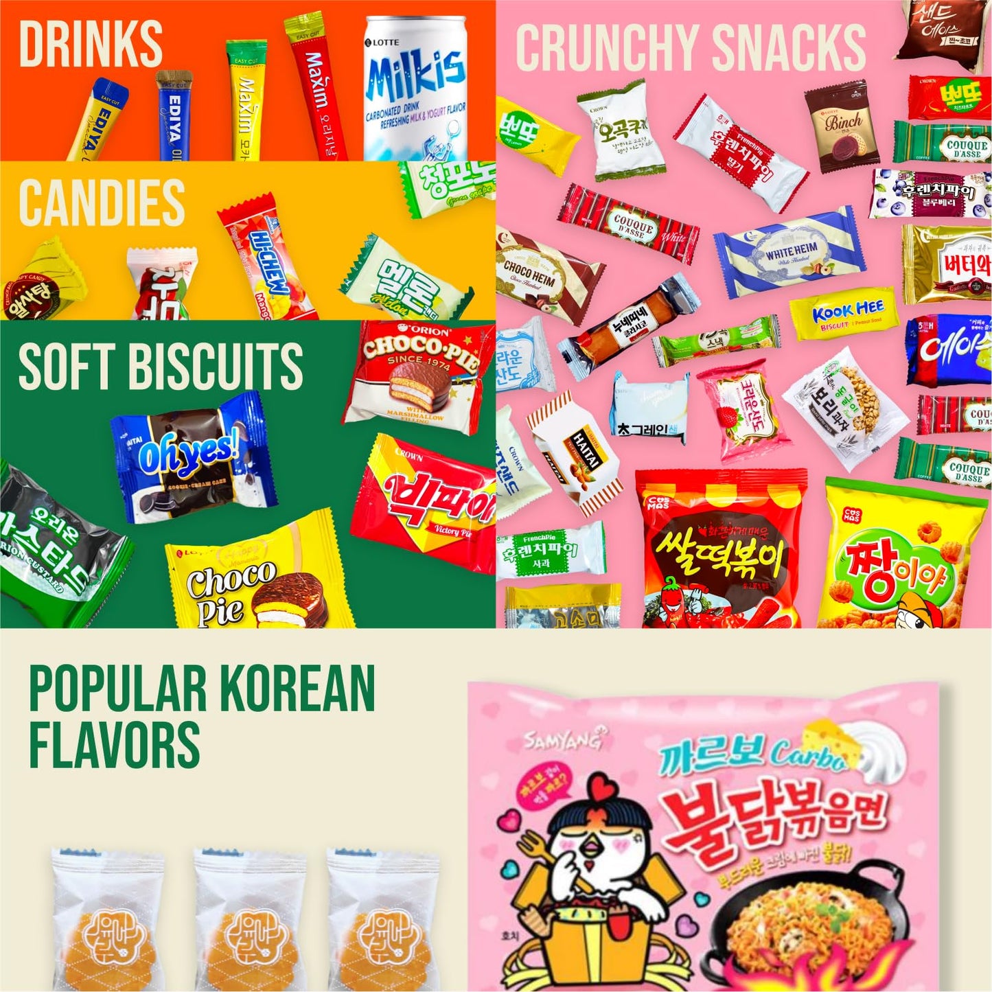 Journey of Asia Korean Snack Box 48 Count  Individually Wrapped Packs of Coffee Snacks Cookies Ramen and Drink Food Box for Kids Children College Students Adult Senior Friends Family