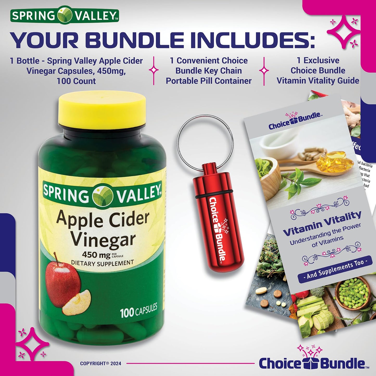 Choice Bundle Spring Valley Apple Cider Vinegar Capsules 450 mg 100 Ct Plus Vitamin Guide and Pill Container (3 Items)!