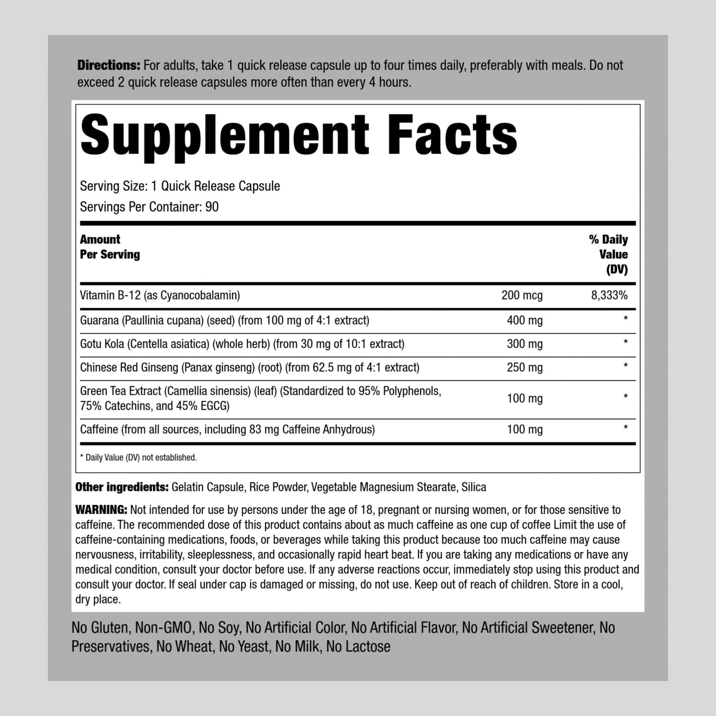 Piping Rock Energy Supplement with Caffeine | 90 Capsules | Quick Release Energy Booster Pills | Non-GMO, Gluten Free Formula