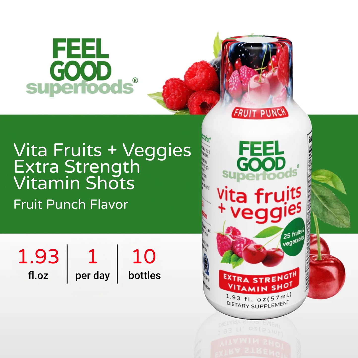 FeelGood Superfoods Vita Fruits and Veggies Immune Support Shot Supplements, Fruit Punch Flavor, Pack of 10 Immunity Shots, Immune System Booster Drink Made with 25 Organic Fruit & Vegetables