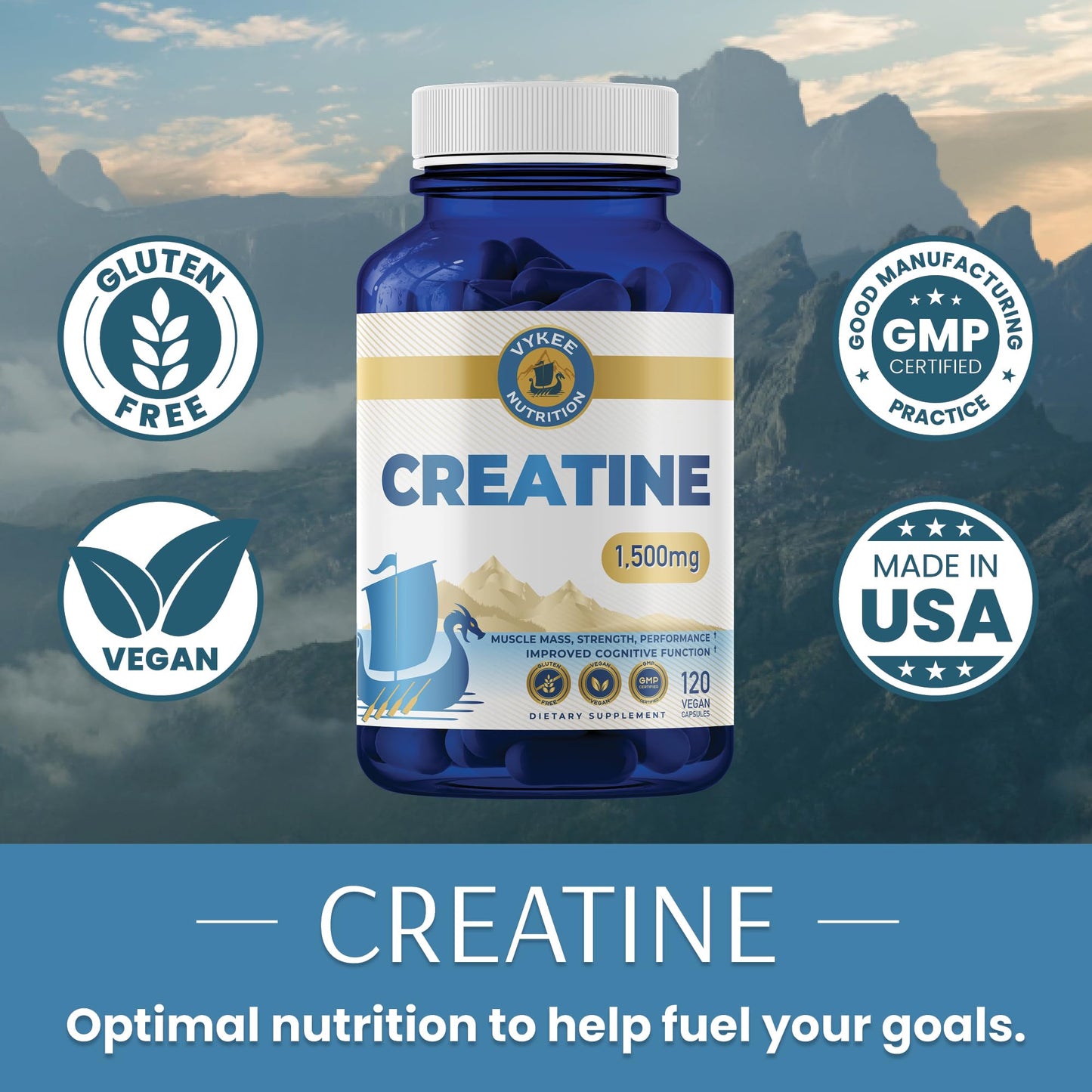 Vykee Nutrition High-Potency Creatine Monohydrate Capsules - for Muscle Strength, Training Endurance & Post-Workout Recovery | Keto, Paleo, Vegan, Gluten-Free | 1500mg Per 2 Capsules | 2 Month Supply