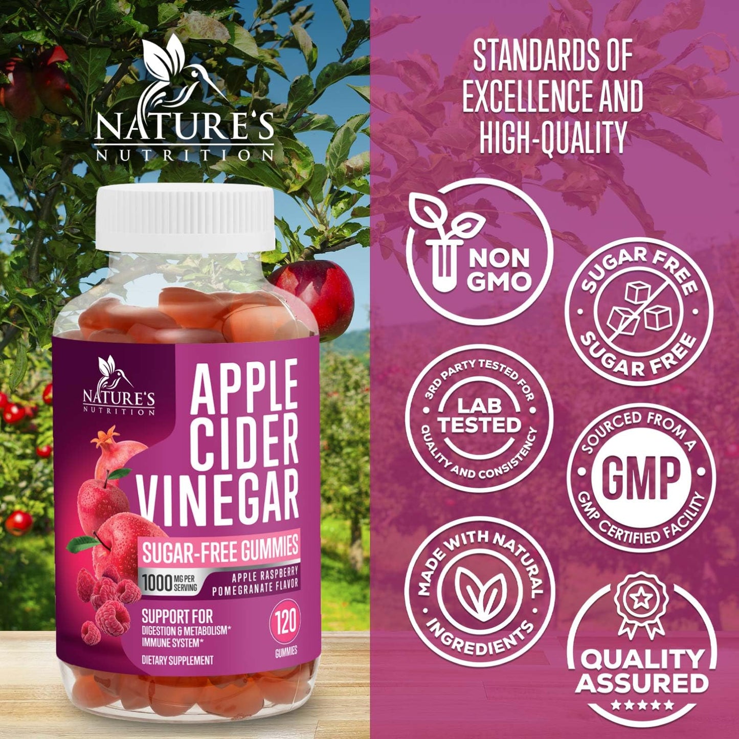 Apple Cider Vinegar Gummies Sugar Free 1000mg for Cleanse, ACV Gummy Vitamin B12 for Digestion Energy & Immune Health Support, Natural Premium Apple Raspberry Flavor, Non GMO & Vegan - 120 Gummies