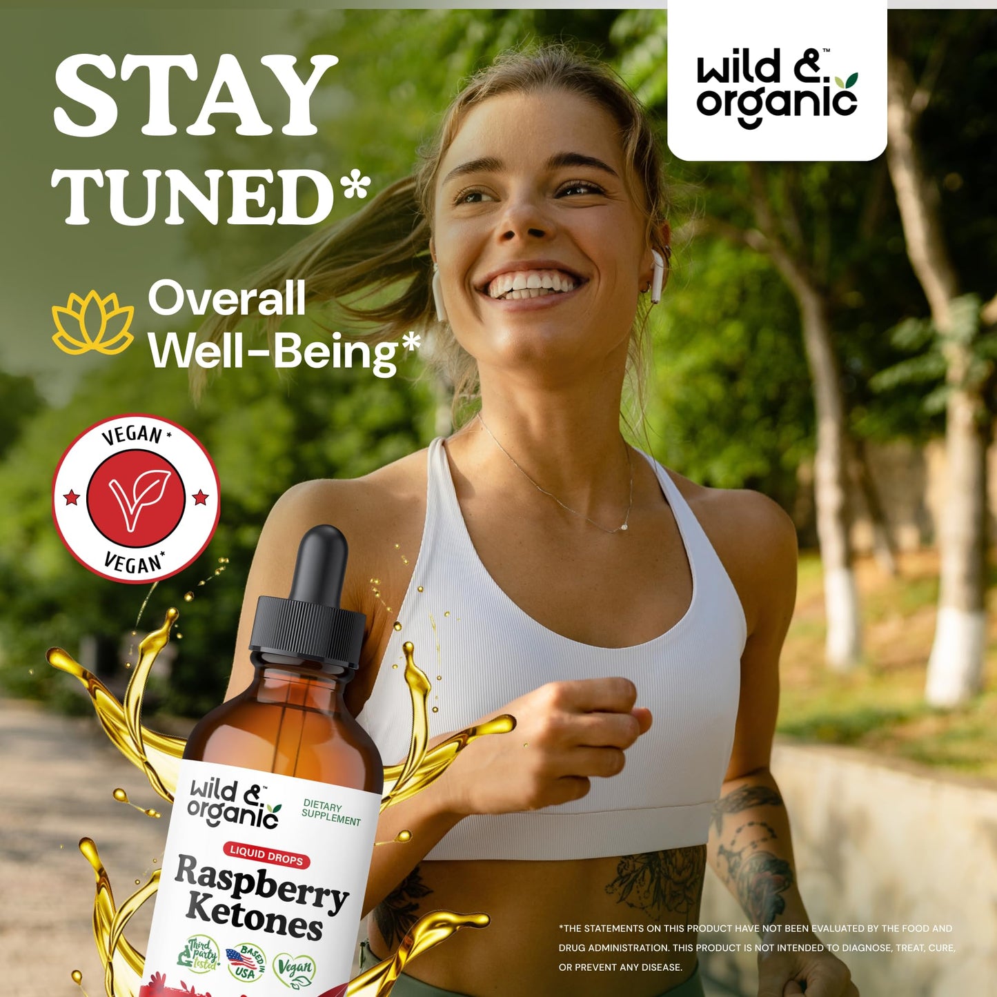 Wild & Organic Raspberry Ketones Liquid Drops - Vegan Raspberry Ketones Supplement for Overall Well-Being - 5-Month Supply - Non-GMO, No Alcohol & Sugar - 4 fl oz