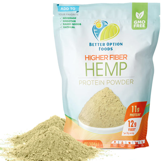 Better Option Foods Hemp Protein Powder - Plant Based Protein Powder with Higher Hemp Fiber & Essential Amino Acids - Easy-to-Digest Vegan Protein Powder for Oatmeal, Smoothies, & Baked Goods, 16oz