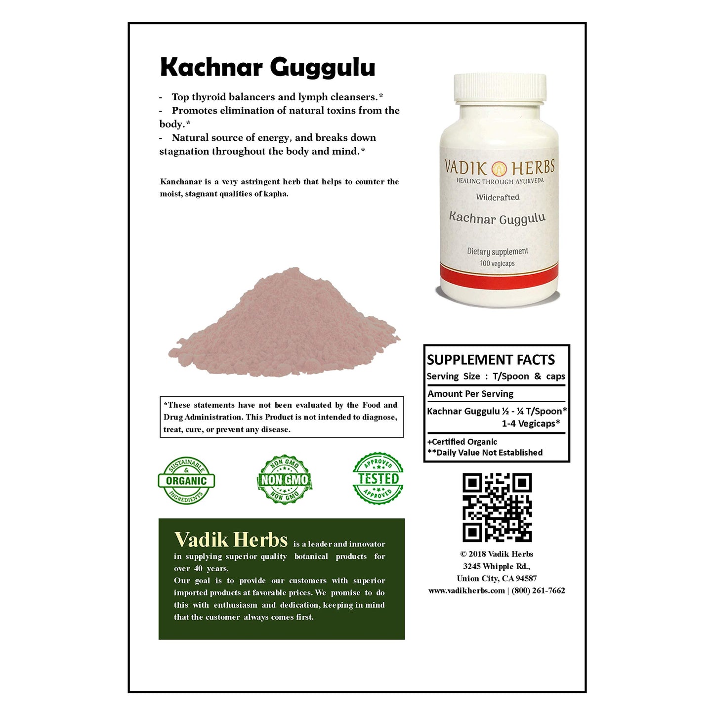 Certified Organic Vadik Herbs Kachnar (Kanchanar) Guggul Powder 1lb. Pack | Lymph Cleanser, Promotes Elimination of Natural toxins from The Body