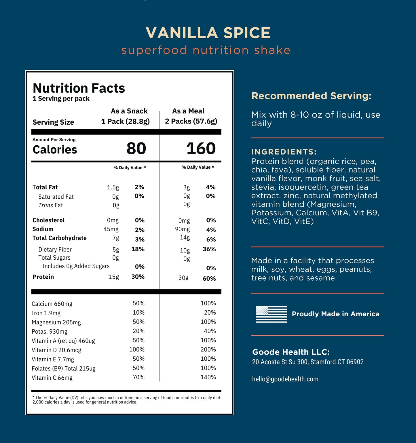 Goode Health Vanilla Spice Superfood Nutrition Shake - 7 Single-Serve On The Go Travel Packs - 15g Vegan Protein, 5g Fiber, Zero Sugar - Complete Nutrition Blend