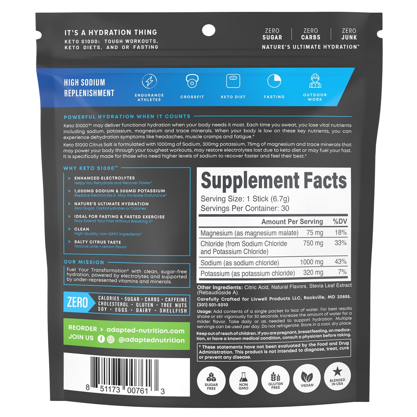 Keto S1000 Electrolyte Powder Packets | Keto and Paleo Friendly | No Sugar, Calories, Maltodextrin | Clean | 30 Citrus Salt Hydration Stick Packs