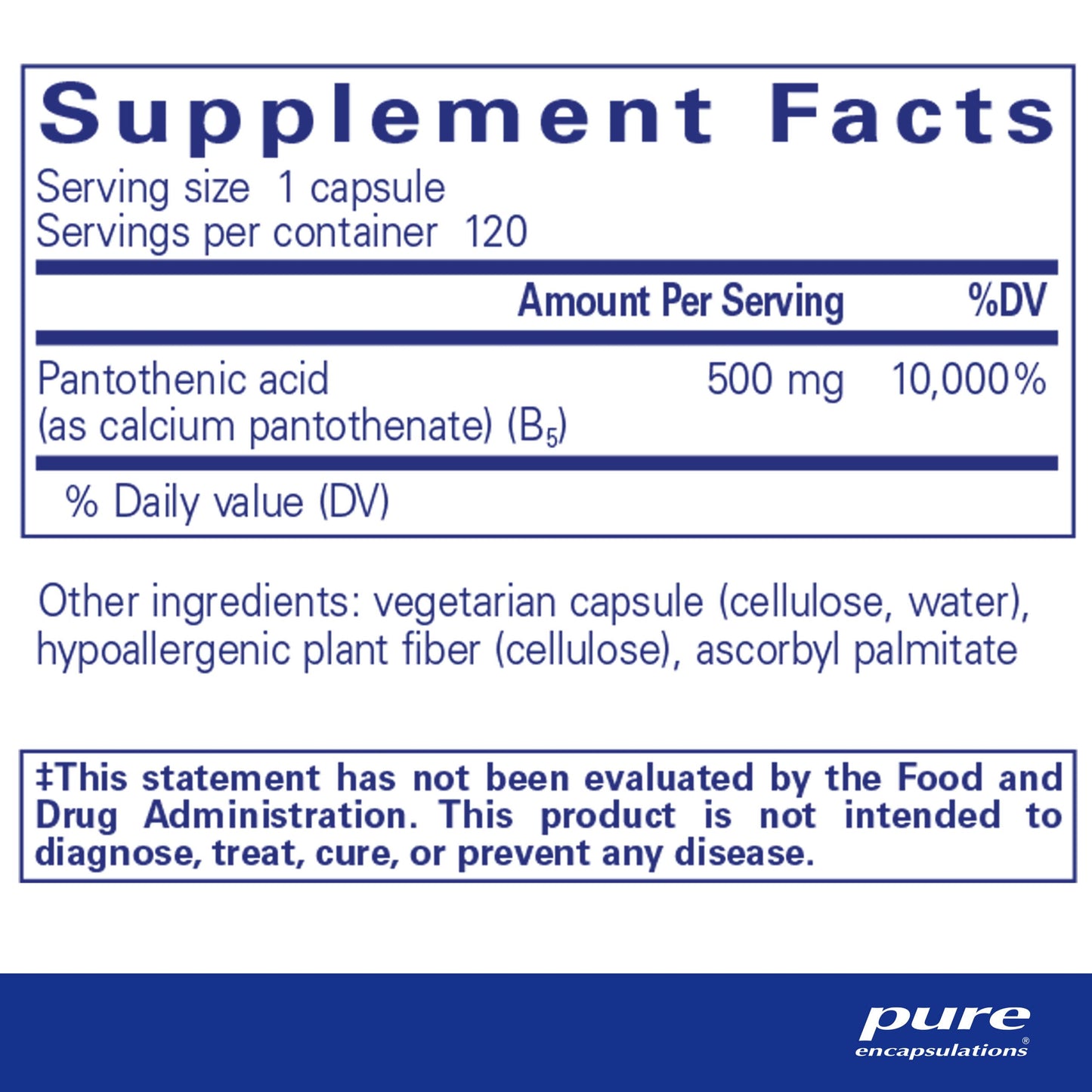 Pure Encapsulations Pantothenic Acid | Hypoallergenic Supplement Supports Cellular Energy Production, Adrenal and Cardiovascular Health | 120 Capsules