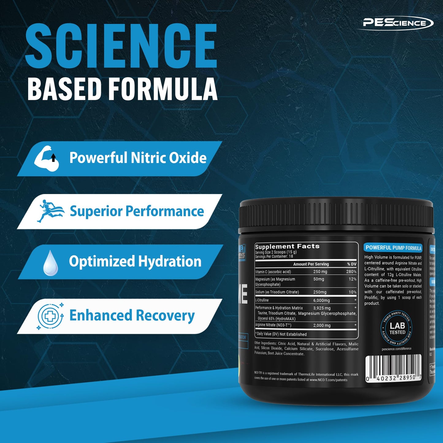 PEScience High Volume Nitric Oxide Booster Pump Pre Workout Powder, Acai Berry Punch, 36 Scoops, Caffeine Free