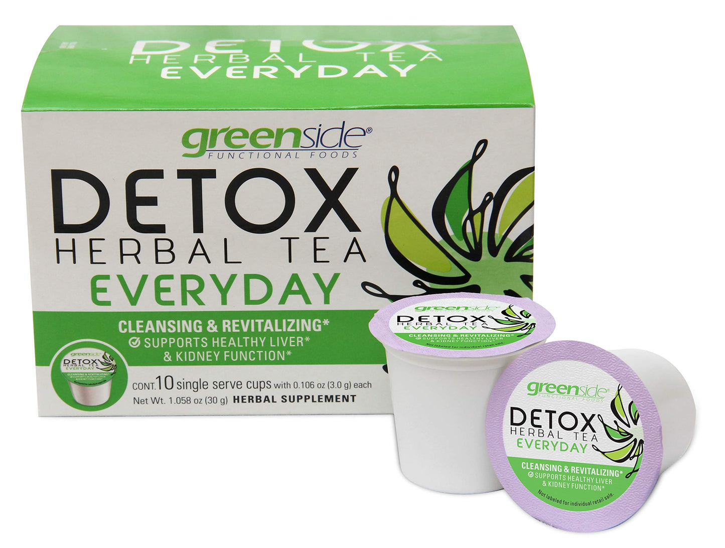 greenside Detox Herbal Tea Single Serve Cups for Everyday - Cleansing and Revitalizing Body Supplements - 10 Cups (3-gram Serving/Cup)