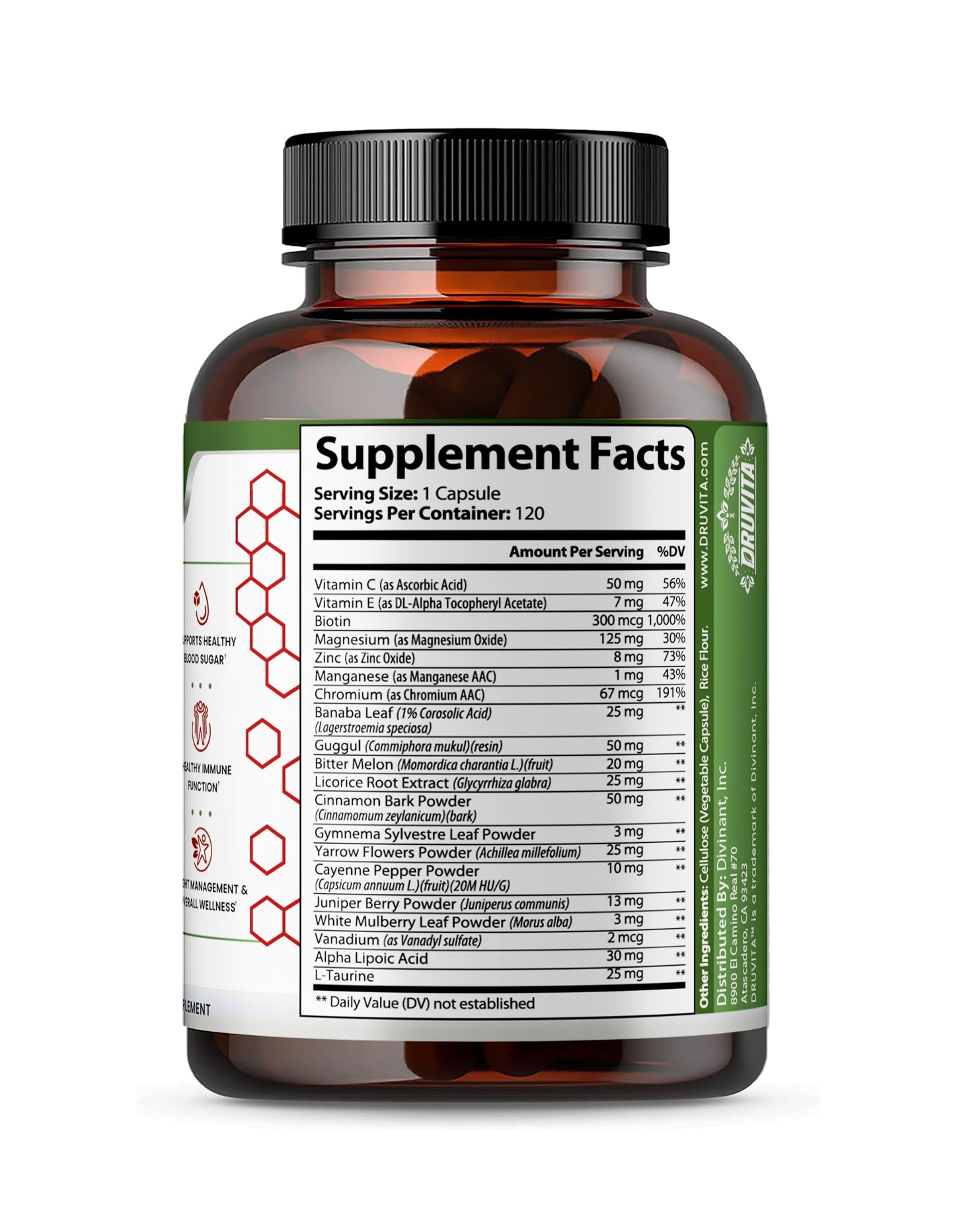 Druvita Blood Sugar Smarts - 20 Key Herbs, Minerals & Vitamins - with Chromium, Alpha Lipoic Acid, Cinnamon & Bitter Melon, for Men Women- Non-GMO Natural- 120 Capsules 60 Day Supply