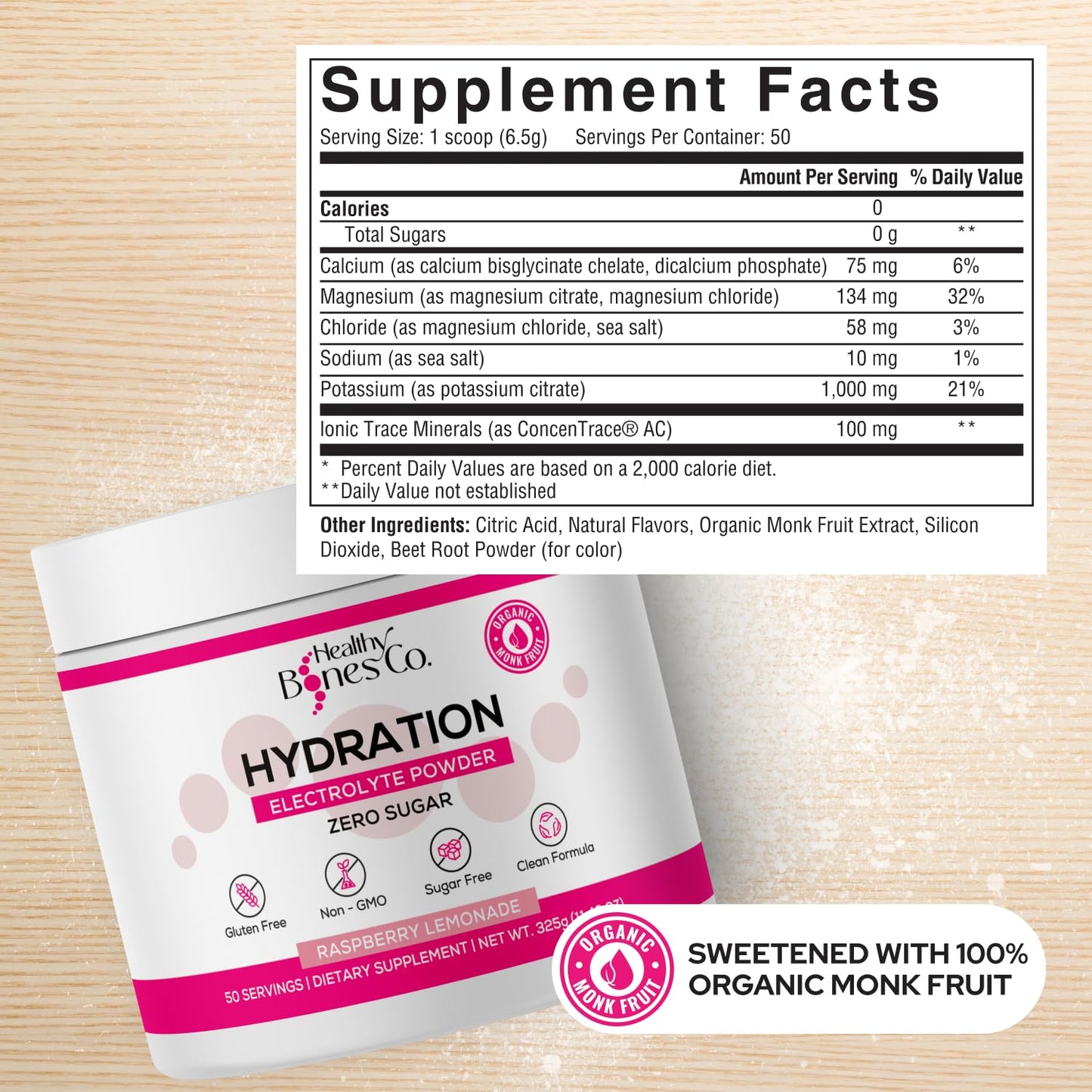 Sugar-Free Electrolyte Powder Drink Mix Fast Hydration Naturally Sweetened with Organic Monk Fruit, Raspberry Lemonade Flavor (325g) with Key Electrolytes and Trace Minerals -Keto Friendly, Vegan