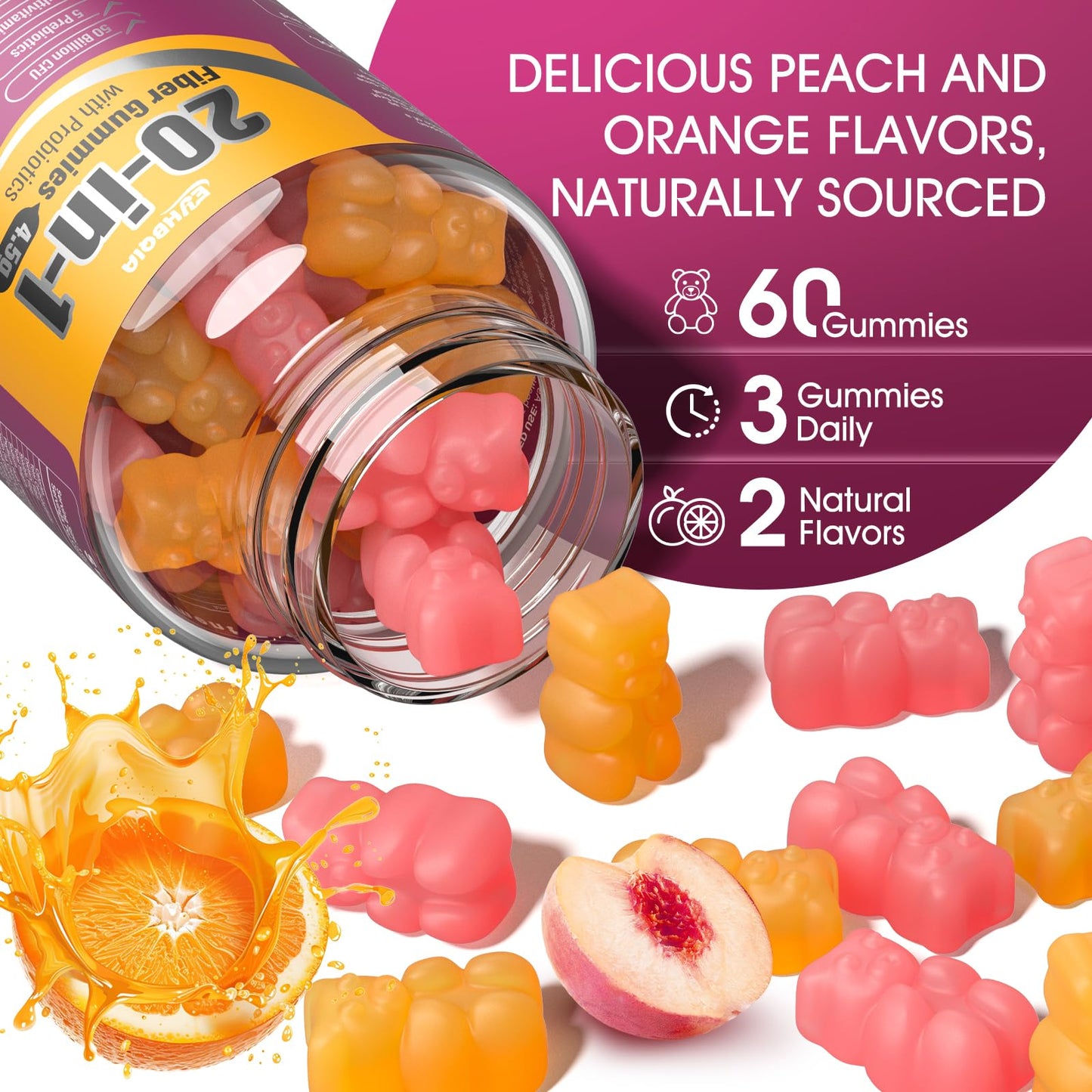 EYHBQIA Fiber Supplement 20-in-1, Fiber Gummies for Adults, 50 Billion CFU Probiotic & Prebiotic Supplement with Inulin, Psyllium, Support for Gut & Digestive Health, 60-Count, Peach & Orange