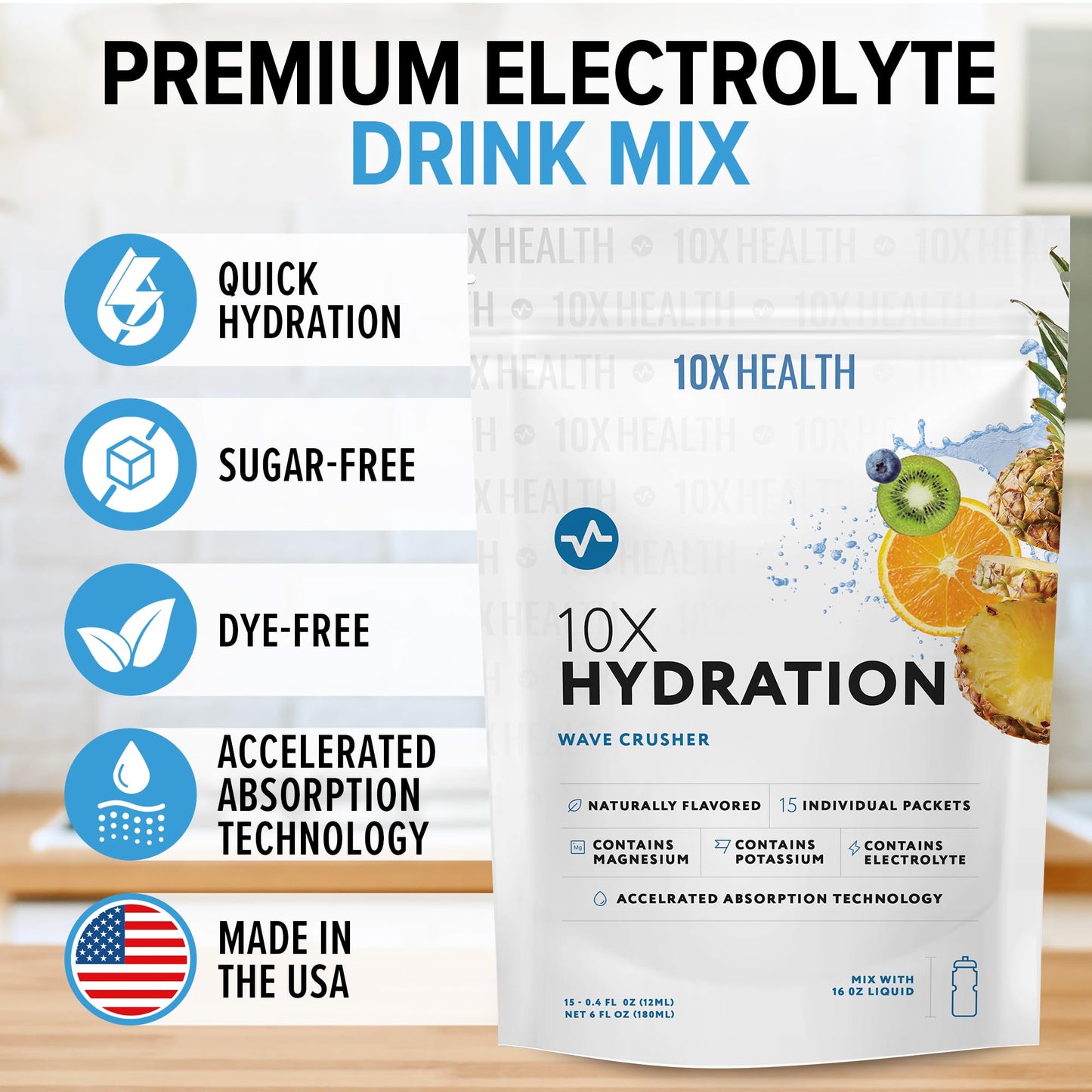 10X Health Hydration Packets Wave Crusher Electrolyte Drink Mix Liquid 15 Stickpacks with Magnesium Citrate, Sodium & Potassium - Natural Flavored Electrolyte