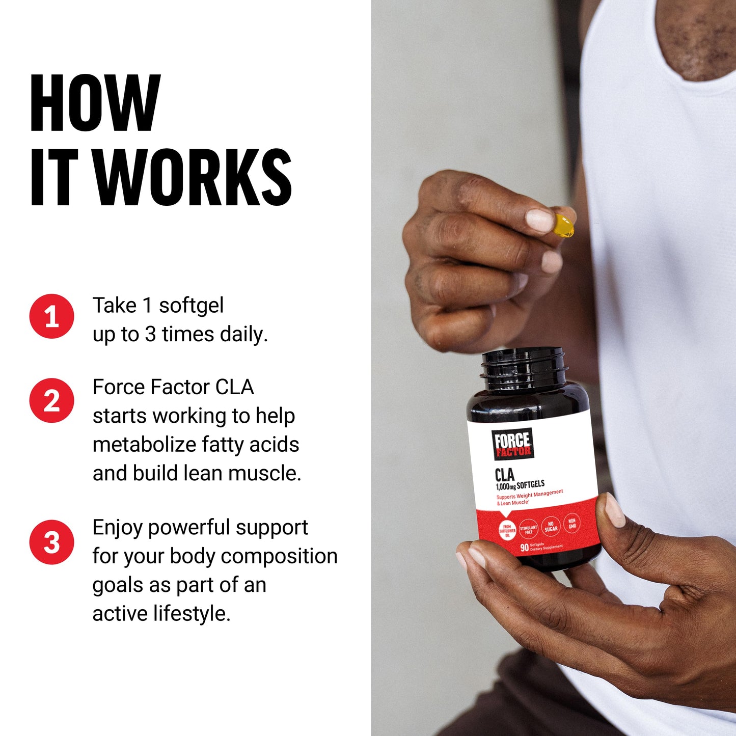 FORCE FACTOR CLA Supplements, CLA 1000 mg, Conjugated Linoleic Acid to Support Body Composition and Lean Muscle Mass, Made from Safflower Oil, Stimulant Free, Non-GMO, 90 Softgels