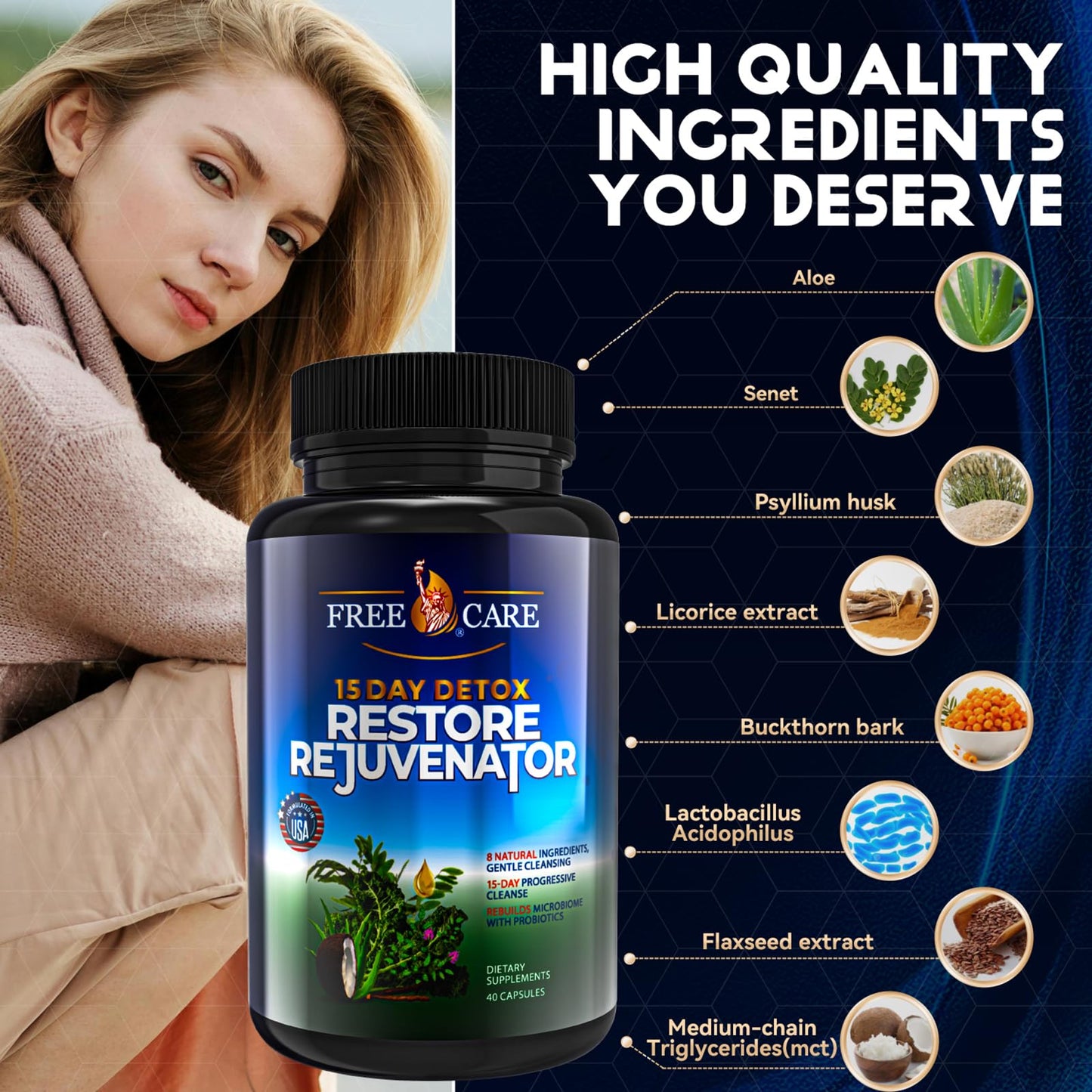 FreeCare Colon Cleanse 15+5Day Upgrade,Advanced Gut Cleanse Detox for Women & Men Fast Natural Laxative for Constipation Relief with Cascara Sagrada, Psyllium Husk, Senna Leaf & Probiotics, Non-GMO