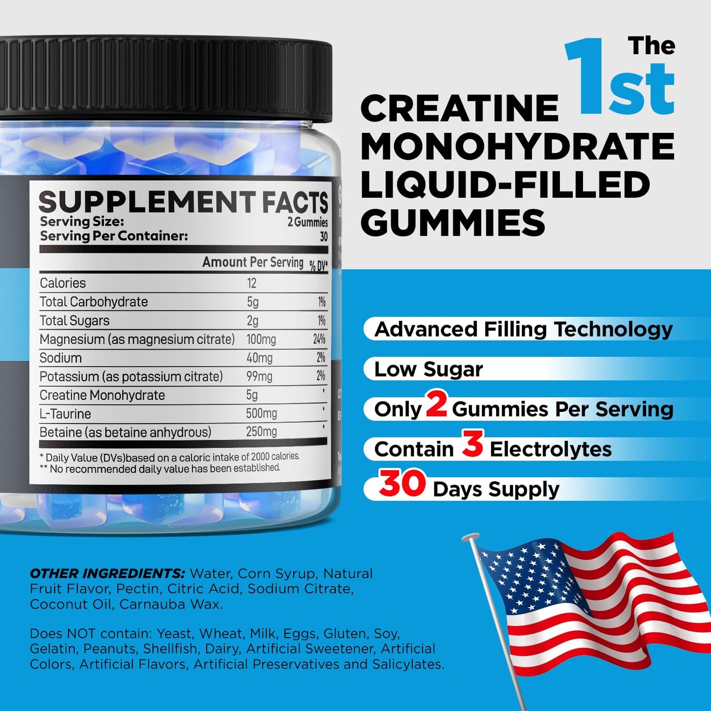 Yutiny Creatine Monohydrate Filled Gummies, Creatine Monohydrate Chews for Men & Women, Extra Strength for Muscle Growth, Blueberry Flavor, 60 Chewables, 1 Month Supply