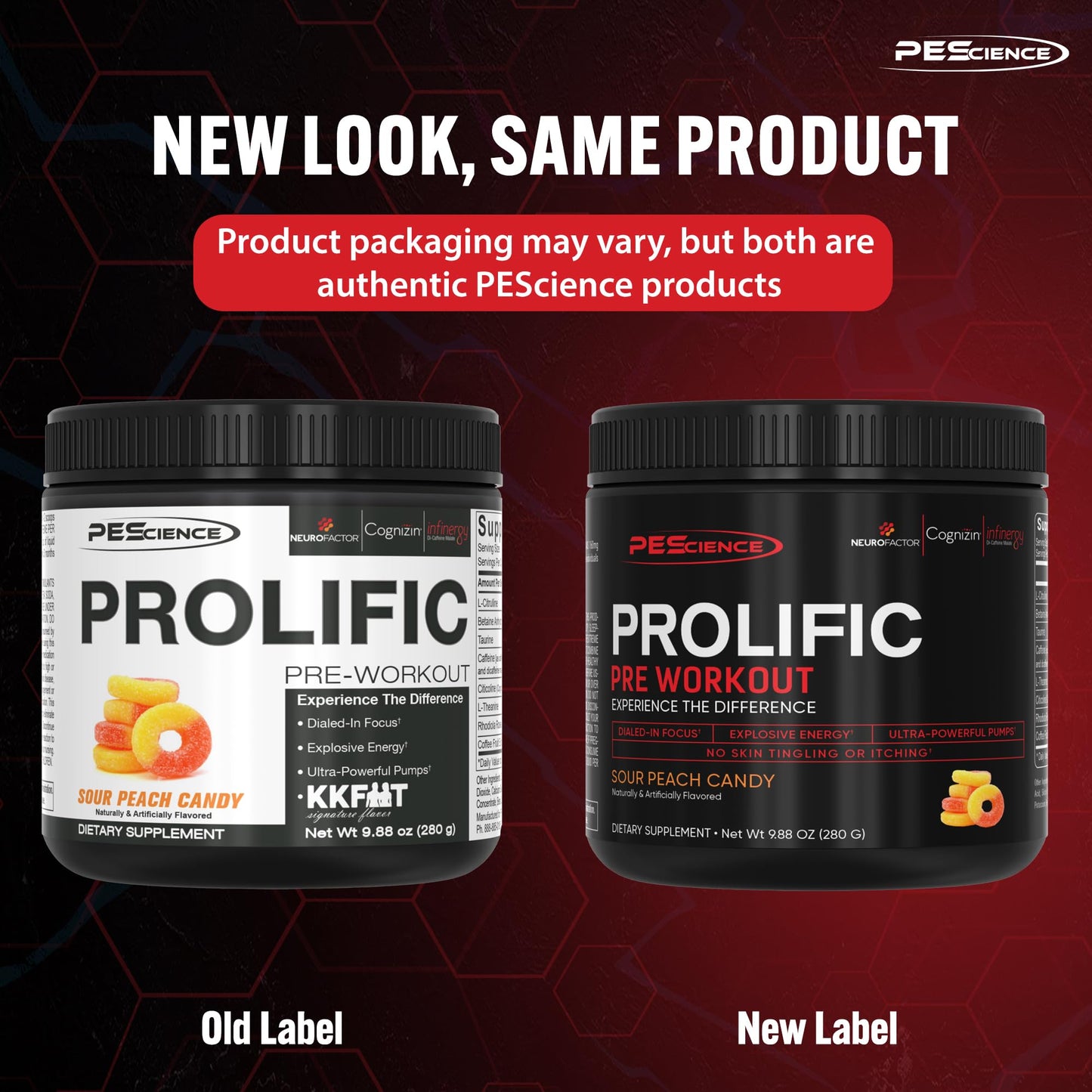 PEScience Prolific Pre Workout Powder, Sour Peach Candy, 40 Scoop, Energy Supplement with Nitric Oxide