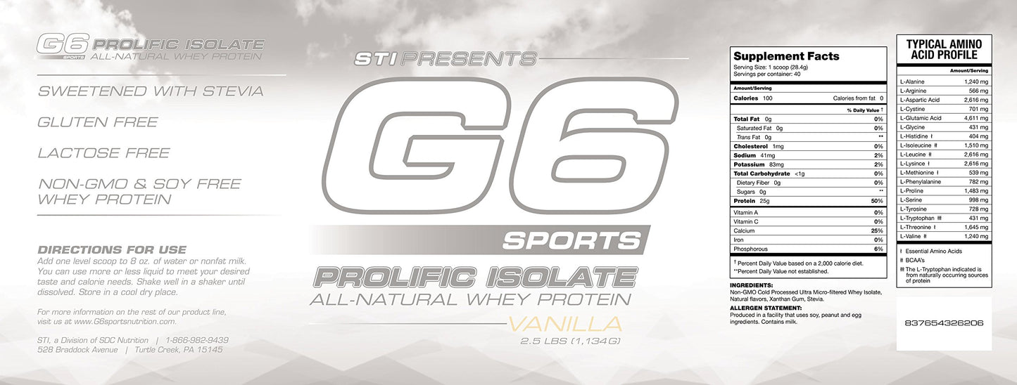 STI G6 Sports Prolific Isolate Whey Protein - Vanilla 2.5 lb(s).