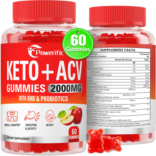 Keto ACV Gummies Apple Cider Vinegar Gummies Max Strength Advanced 2000mg ACV Gummies with Probiotics & Vitamin B12, for Digestion, Metabolism, Cleanse & Detox Diet, 60 Count