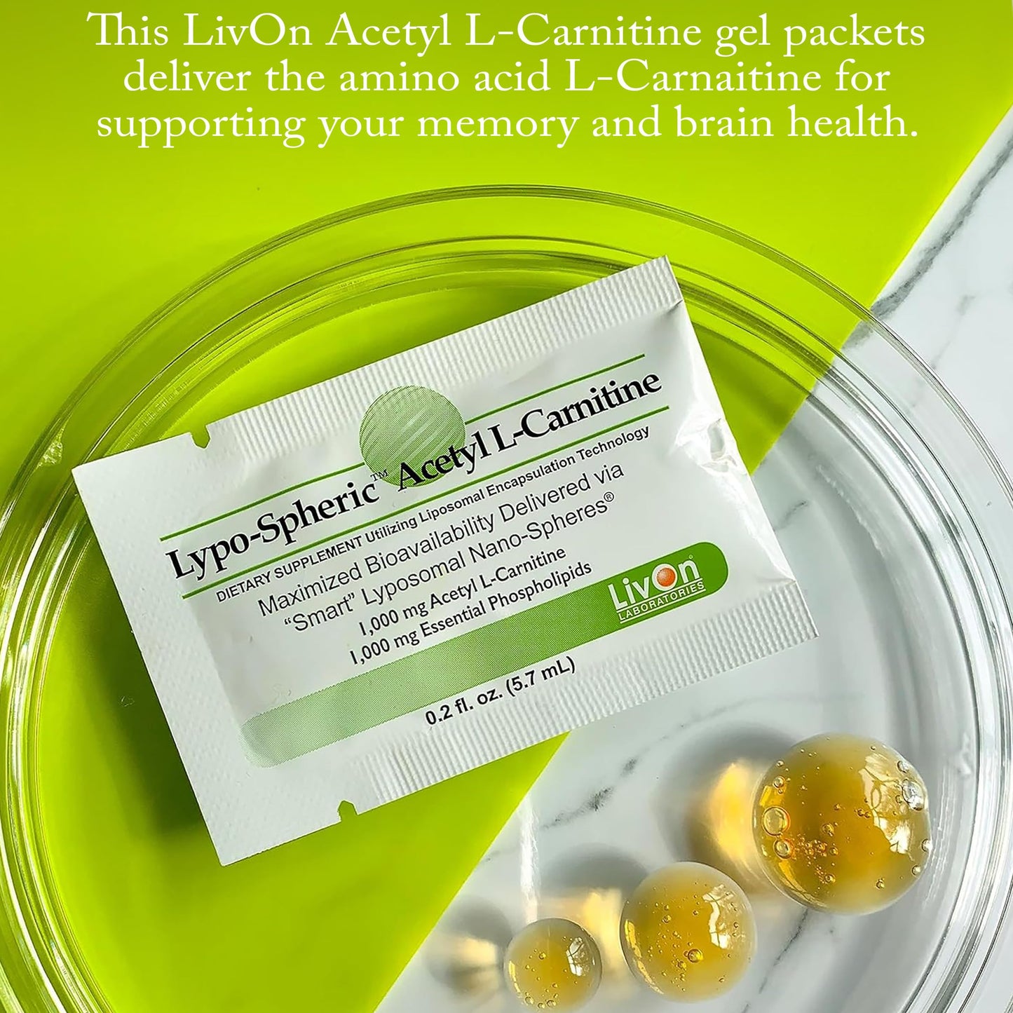 LivOn Laboratories Lypo-Spheric Acetyl L-Carnitine - 30 Packets - 1,000 mg Acetyl L-Carnitine & Essential Phospholipids Per Packet - Liposome Encapsulated for Maximum Bioavailability - 100% Non-GMO