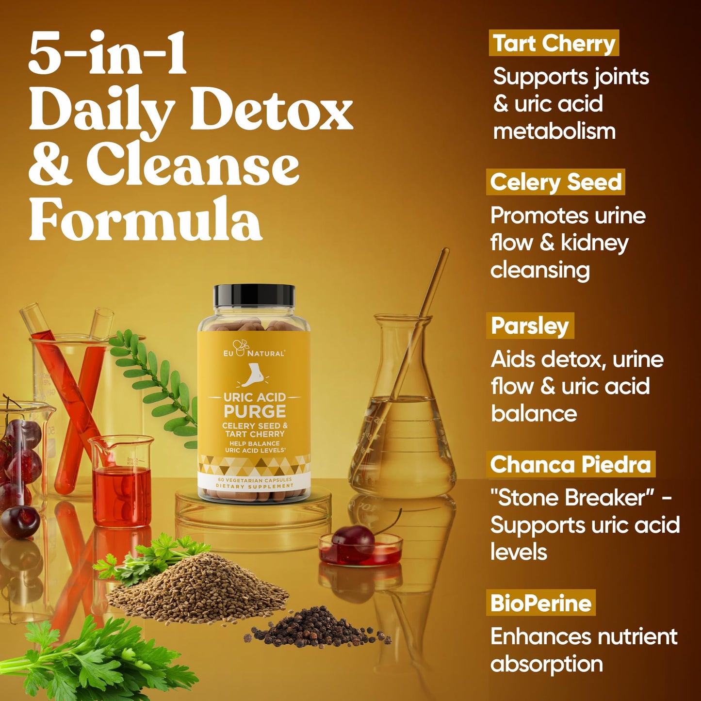 Purge! Uric Acid Flush - Eat & Drink What You Want - Detox and Cleanse with Celery Seed Extract, Tart Cherry & Chanca Piedra for Effective Joint Support & Active Mobility - 120 Soft Vegan Capsules