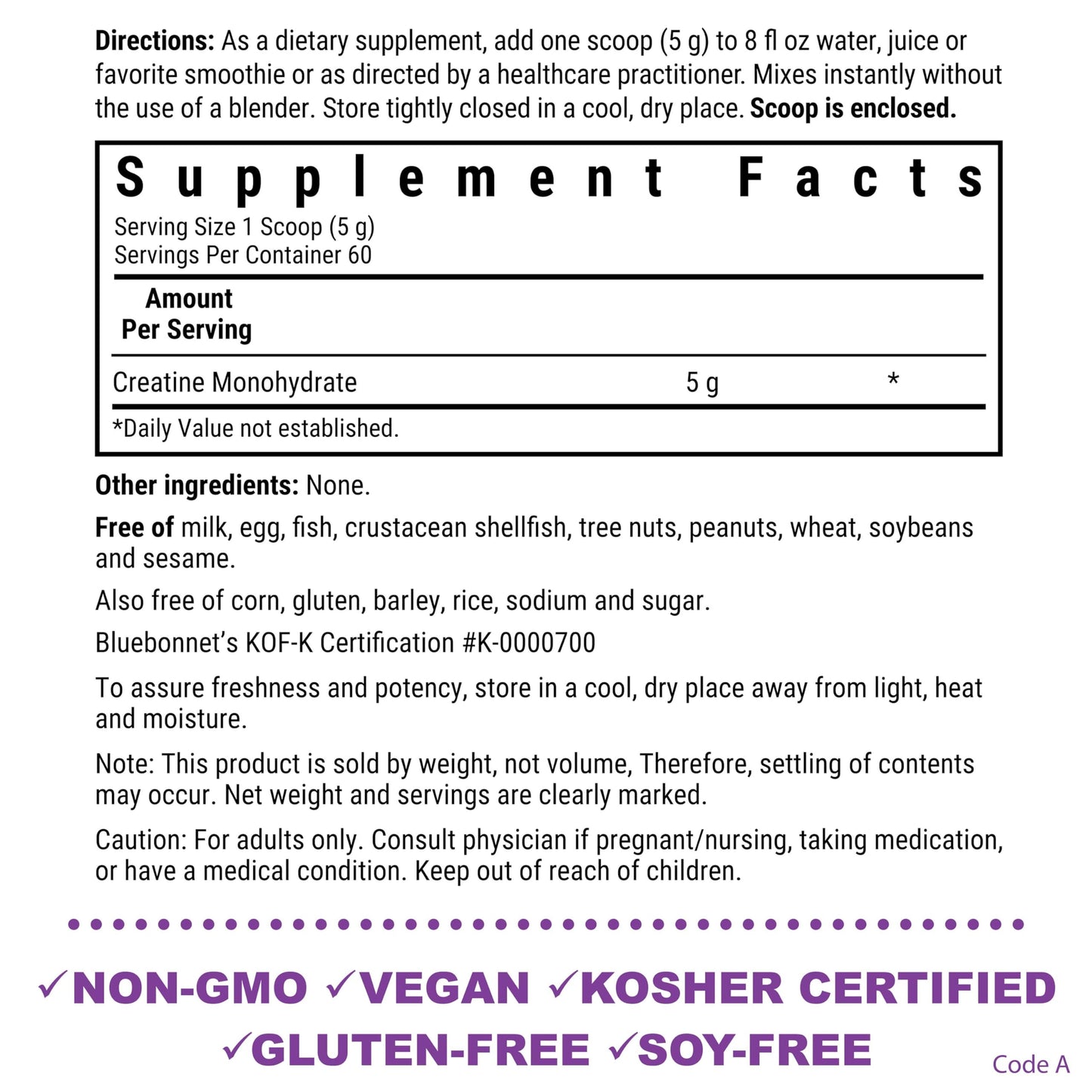 BlueBonnet Nutrition Micronized Creatine Monohydrate 5 g - Supports Lean Muscle Mass* - Non-GMO, Vegan, Kosher Certified, Gluten-Free, Soy-Free, Milk-Free - Unflavored, 10.58 OZ, 60 Servings