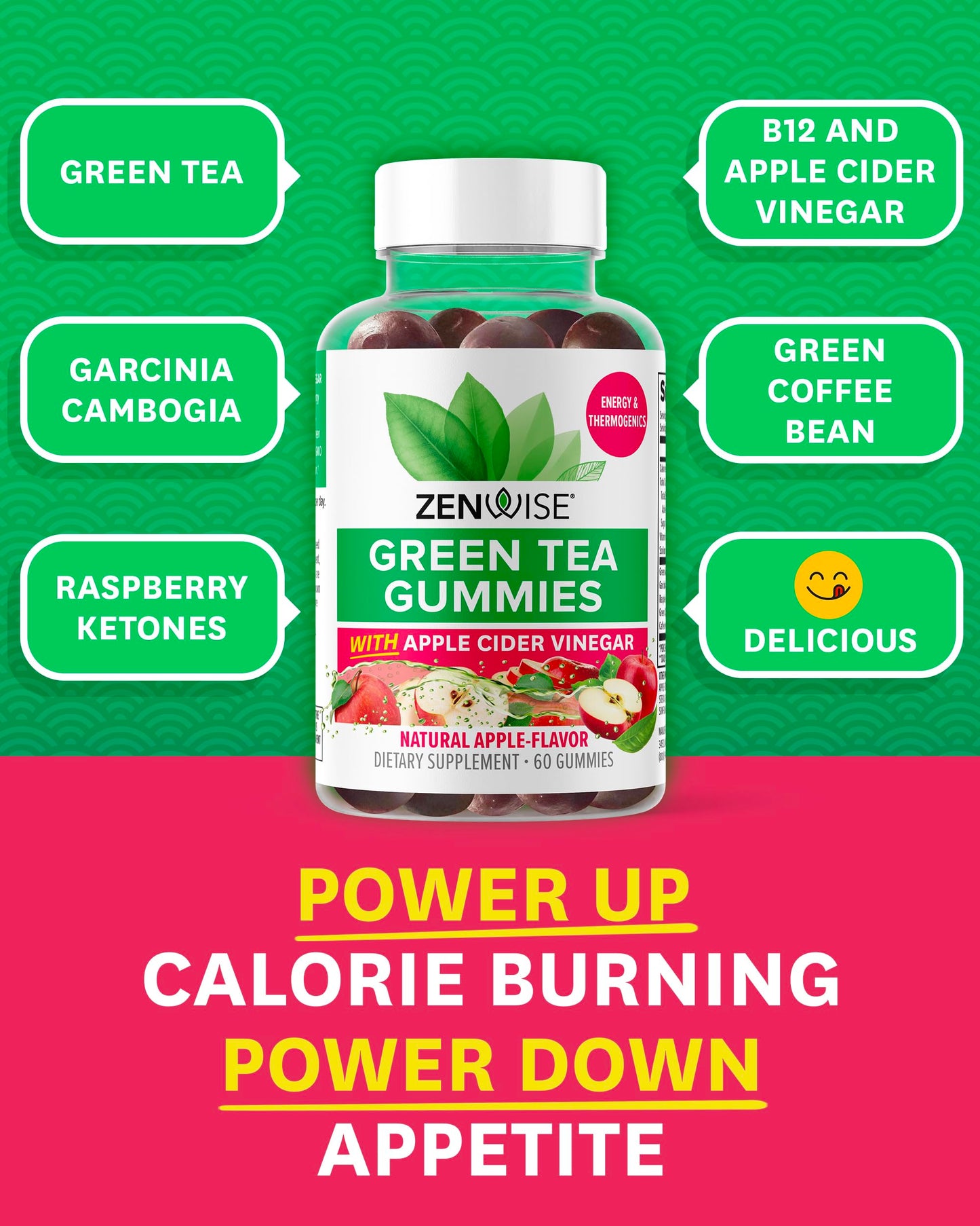 Zenwise Green Tea Extract, Apple Cider Vinegar Gummies - Appetite Suppressant for Weight Management with Green Coffee Bean Extract for Metabolism - 60 Count Apple Gummies