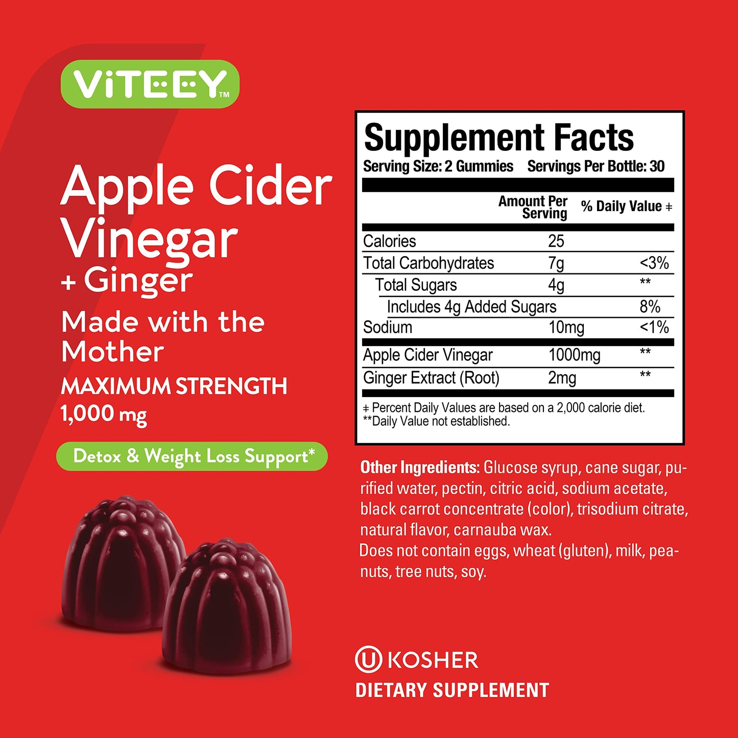 Apple Cider Vinegar Gummies 1,000mg Plus Ginger, ACV with The Mother, Detox Cleanse for Weight Loss and Immune Support, Vegan, Gluten Free, Gelatin Free, GMO Free - Chewable Apple Flavored Gummy