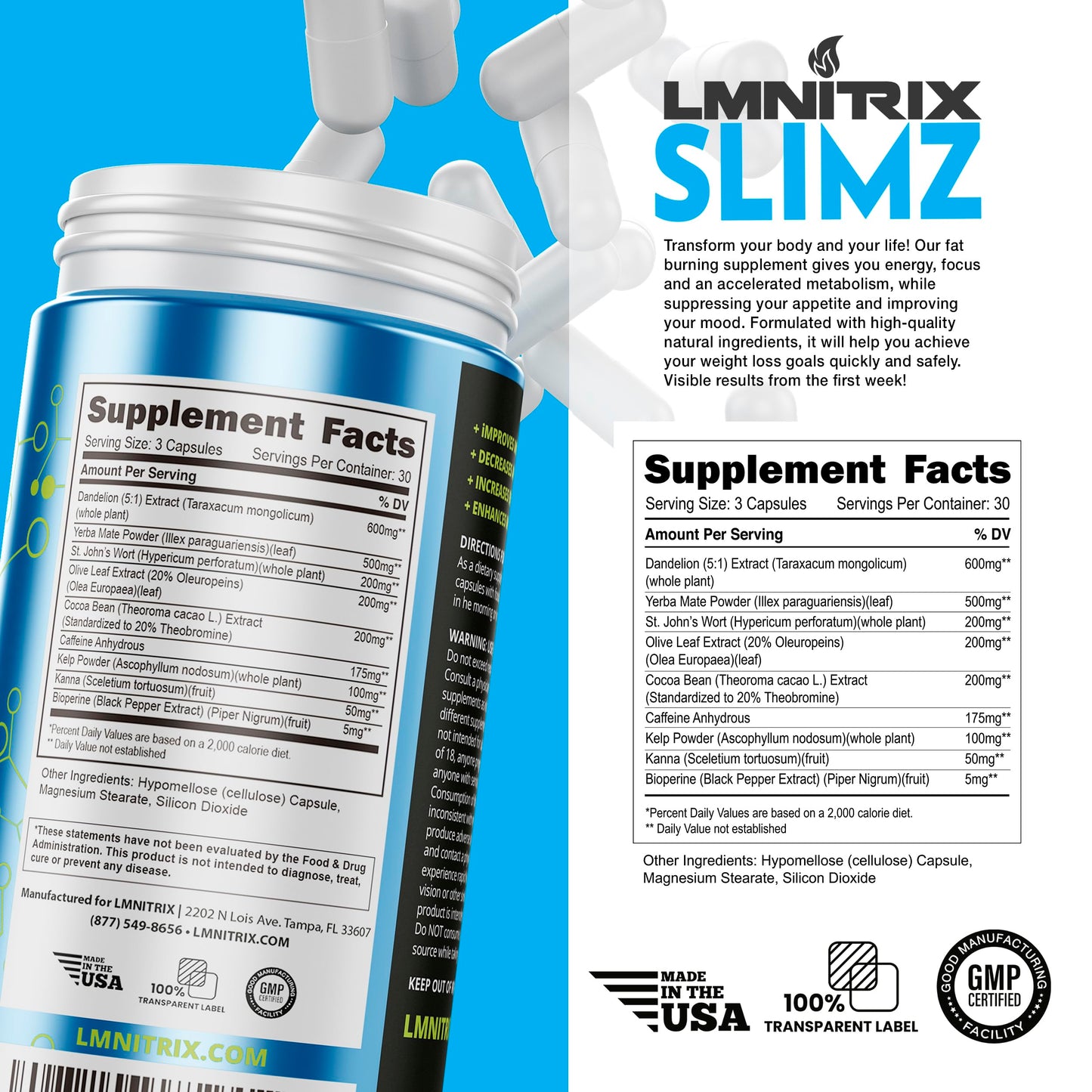 LMNITRIX SLIMZ Fat Burner & Mood Enhancer - Diet Pills That Work - Weight Loss Supplement - Lose Weight, Get Rid of Stress and Take Control of Your Wellness Journey - 90 Capsules