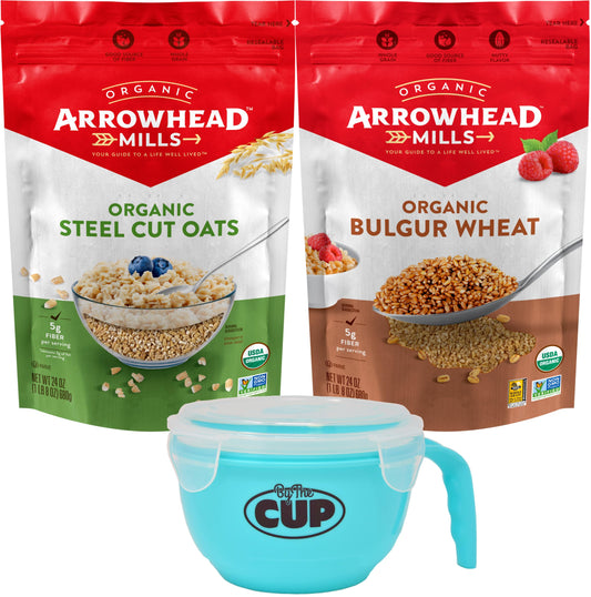 Arrowhead Mills Breakfast Variety 1 of each Steel Cut Oats and Bulgur Wheat USDA Organic NonGMO 24 oz Pack of 2 with By The Cup Cereal Bowl