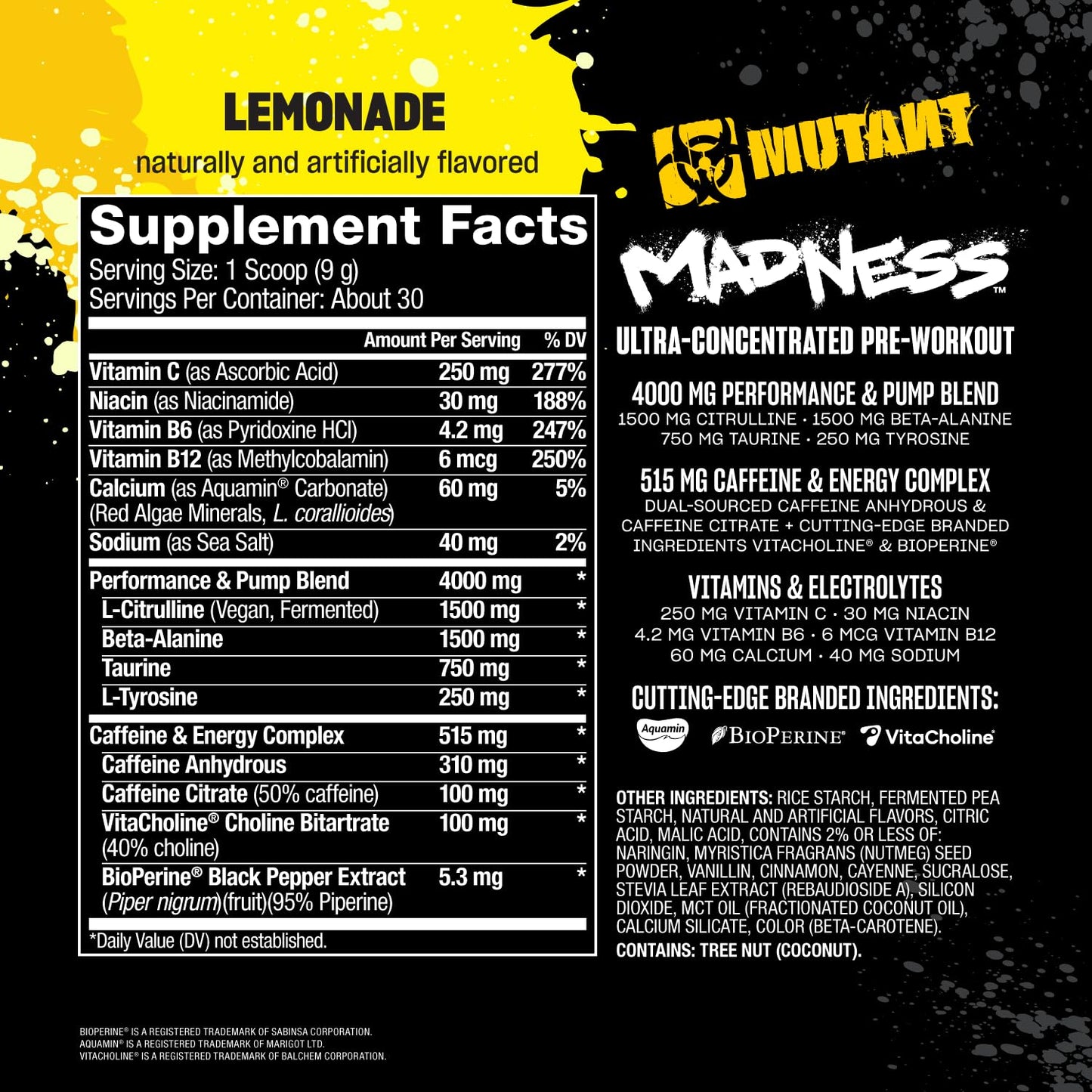 Mutant Madness | Pre Workout Powder Performance and Pump Blend Includes L-Citrulline, Beta-Alanine, Taurine, L-Tyrosine (Lemonade)