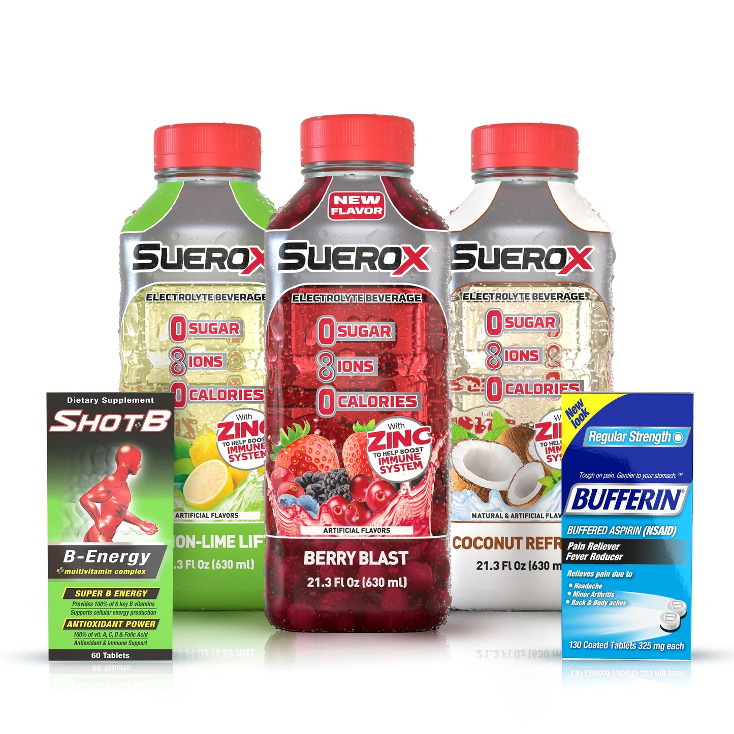 SueroX Kit Electrolyte Drinks Berry Blast, Coconut Refresh, Lemon Lift - 21.3 Fl Oz each,Bufferin Aspirin 130ct, Shot B Energy Multivitamin 60ct,