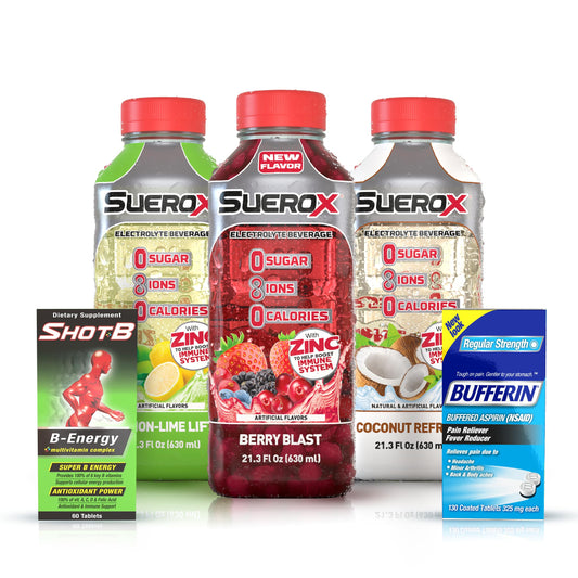 SueroX Kit Electrolyte Drinks Berry Blast, Coconut Refresh, Lemon Lift - 21.3 Fl Oz each,Bufferin Aspirin 130ct, Shot B Energy Multivitamin 60ct,