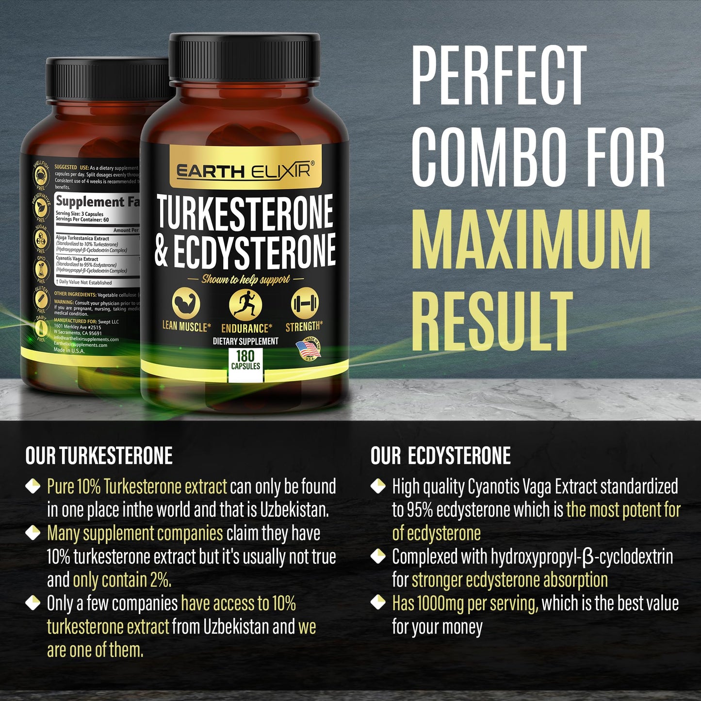 Earth Elixir Turkesterone 1000mg and Ecdysterone 1000mg Supplements (180 Capsules) 2 Month Supply - 3rd Party Tested- Turkesterone Supplement for Men (Ajuga Turkestanica) with 95% Beta Ecdysterone