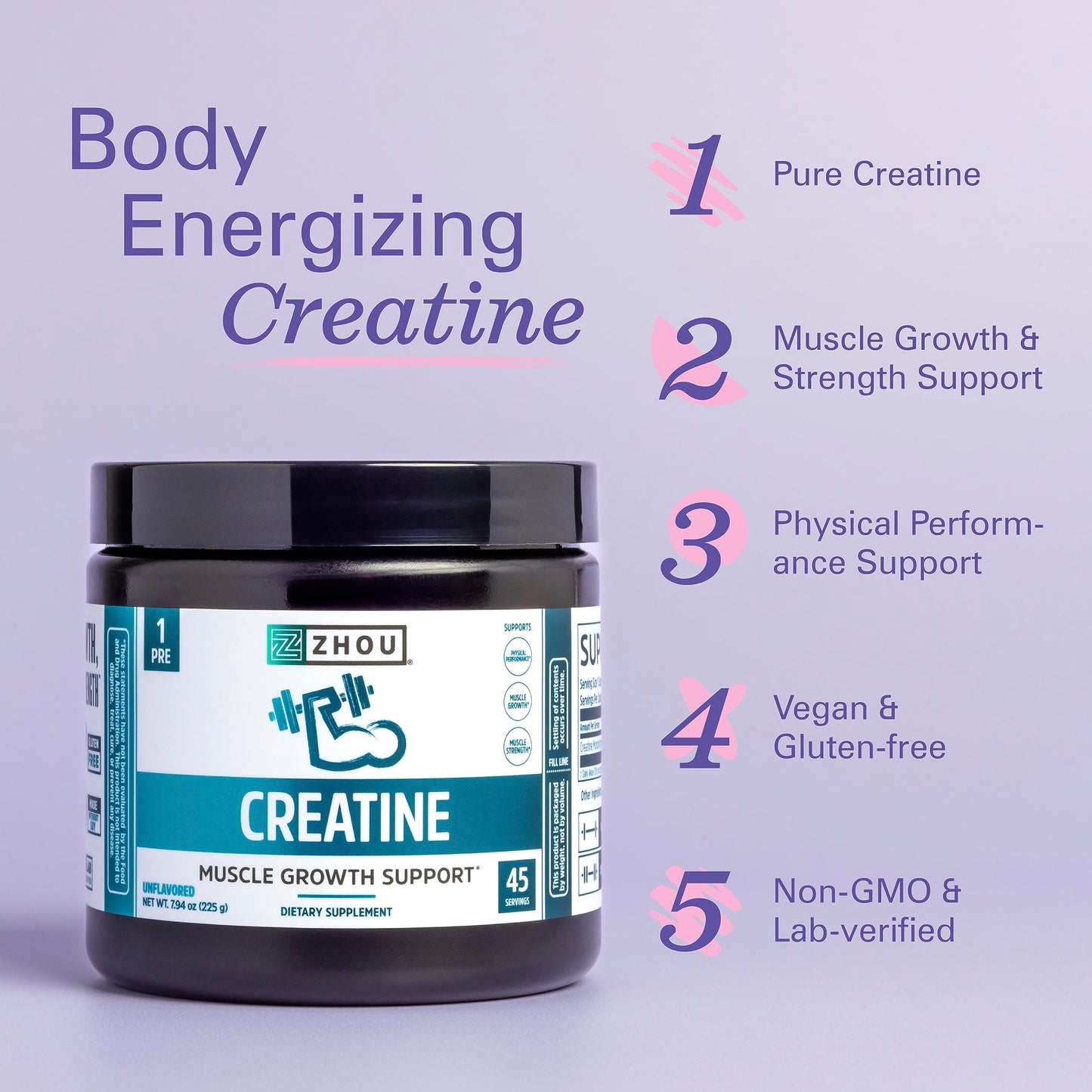 Zhou Nutrition Creatine Monohydrate Powder, Pure Unflavored Creatine Powder, Workout Recovery, Physical Performance Support, Vegan, Non-GMO, Gluten Free, Made Without Soy, 45 Servings