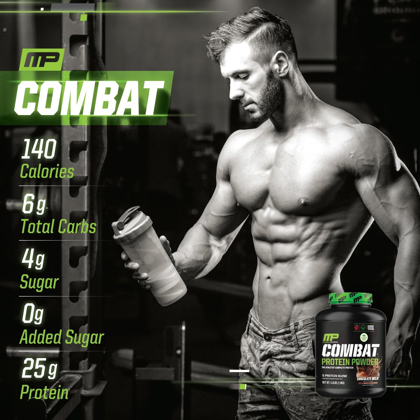 MusclePharm Combat Protein Powder, Chocolate Milk Flavor, Fuels Muscles for Productive Workouts, 5 Protein Sources including Whey Protein Isolate & Egg Albumin, Gluten Free, 4.2 lb, 52 Servings