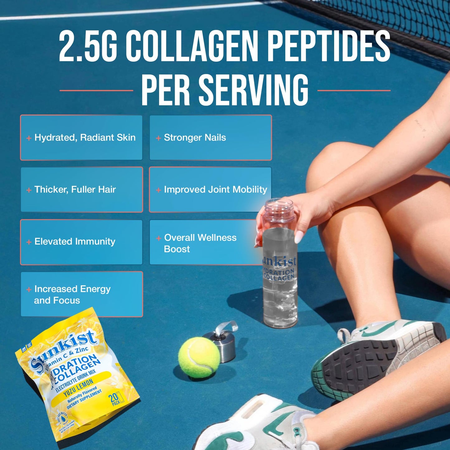 The Frozen Bean Harmony Proteins- Sunkist Collagen Drink Mix - Hydration Yuzu Lemon Electrolyte Drink for Women with Vitamin C, Zinc, Collagen Peptides, Naturally Flavored - 20 Pack