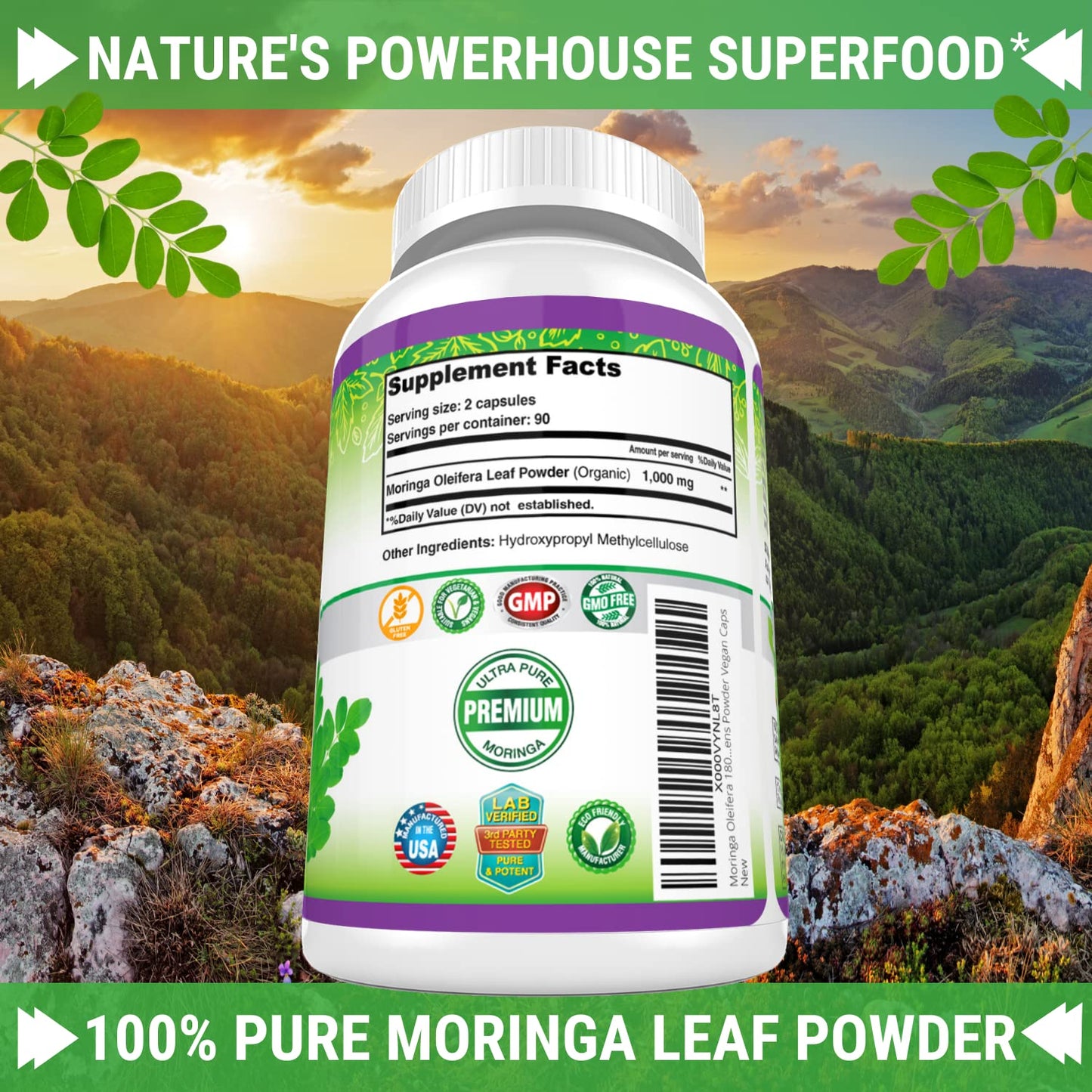 FRESH HEALTHCARE Moringa Oleifera 180 Capsules - 100% Pure Leaf Powder - 3 Month Supply - Non GMO and Gluten Free - Complete Green Superfood Supplement - Energy, Metabolism and Immune Support