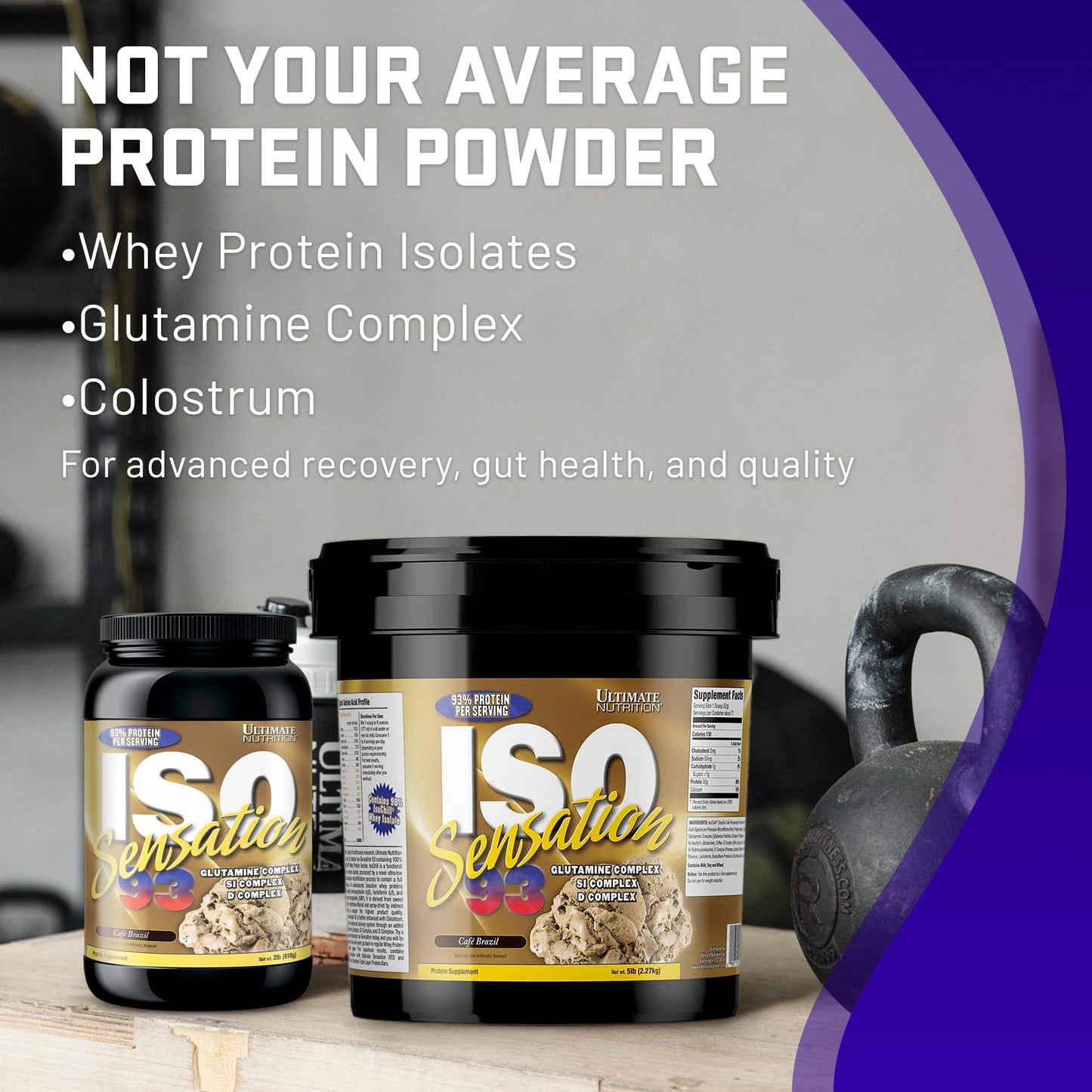 Ultimate Nutrition Whey Protein Isolate Powder with Glutamine Complex, ISO Sensation 93 - Whey Protein Powder with Added Colostrum for Enhanced Recovery, Immunity & Gut Health - Cafe Brazil, 2lbs