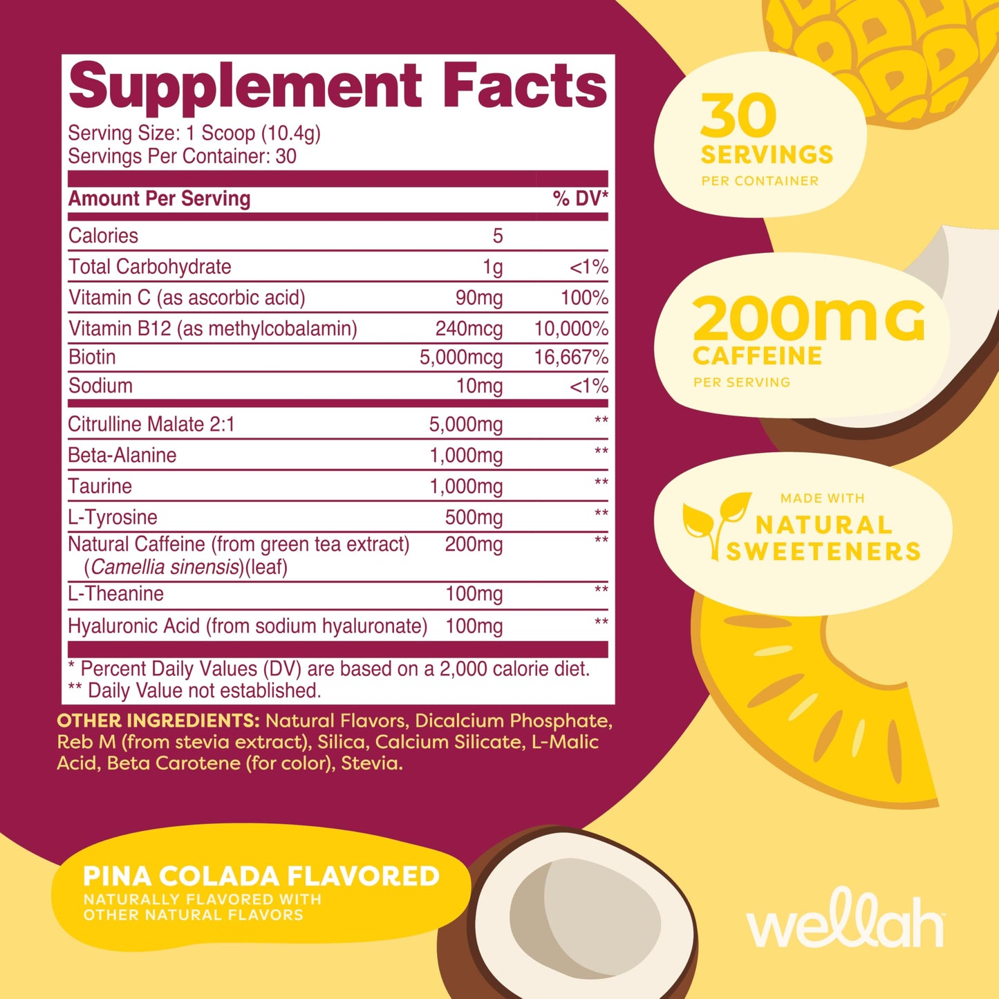 Wellah Get-Going Pre-Workout Drink Mix (Pina Colada Flavored, 30 Servings)