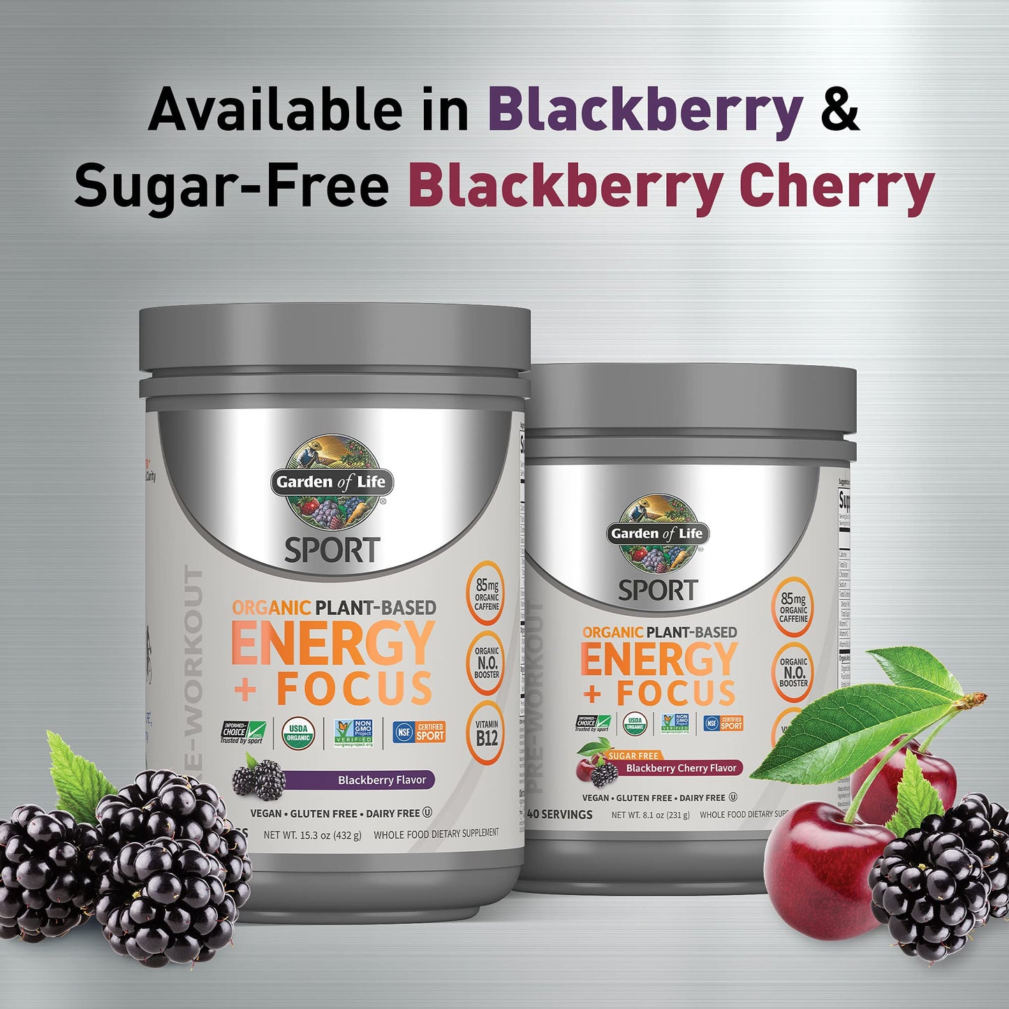 Garden of Life Sport Organic Plant-Based Energy + Focus Vegan Clean Pre Workout Powder, Sugar & Gluten Free BlackBerry Cherry with 85mg Caffeine, Natural NO Booster, B12, 40 Servings, 8.14 Oz