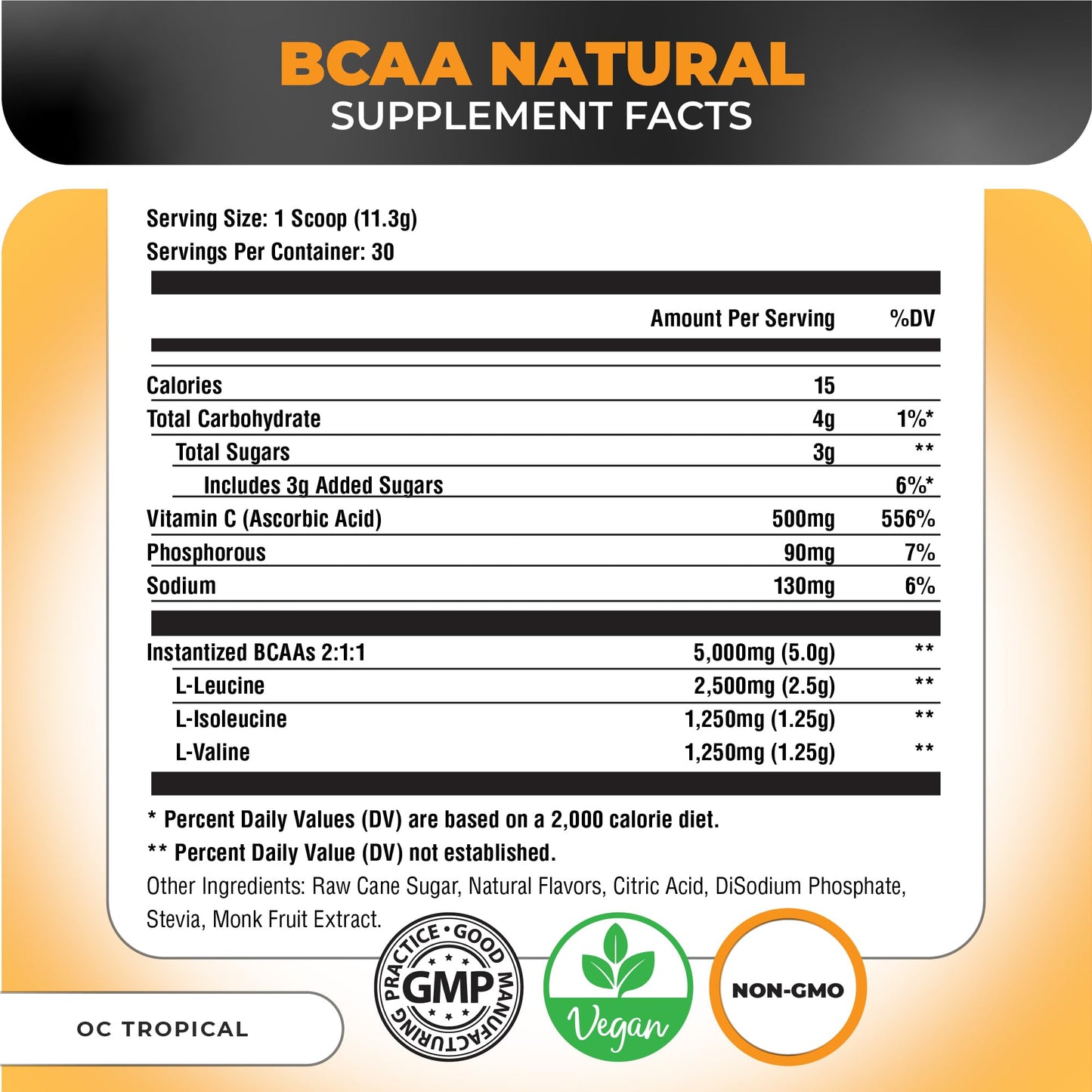 Nutrology BCAA Natural - Plant Based BCAA Powder, Orange Coconut Flavor, Optimized 2:1:1 Ratio Amino Acids Powder for Pre Workout & Post Workout Recovery, Vegan, Gluten-Free, Non-GMO, 30 Servings