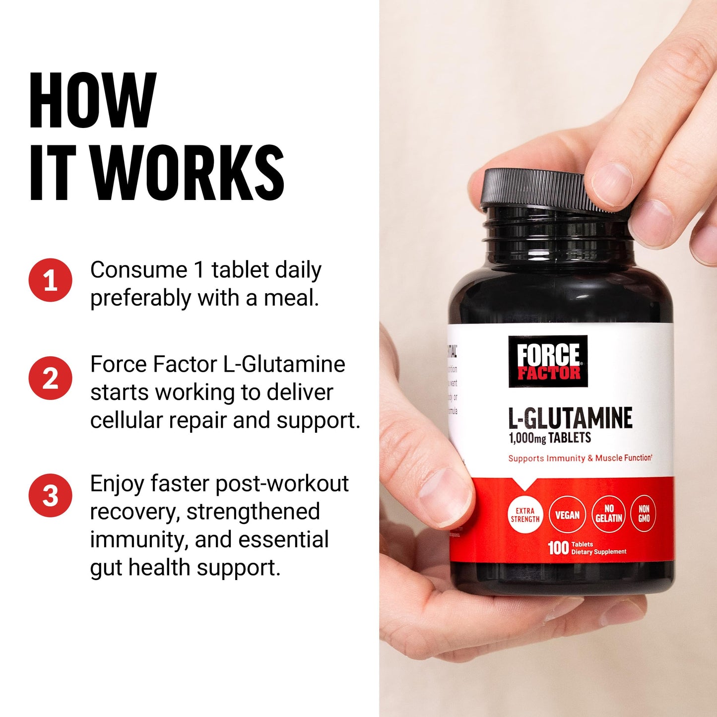 FORCE FACTOR L-Glutamine 1000mg Tablets, Glutamine for Muscle Recovery, Healthy Muscle Function, and Immunity, Vegan, Non-GMO, 100 Tablets