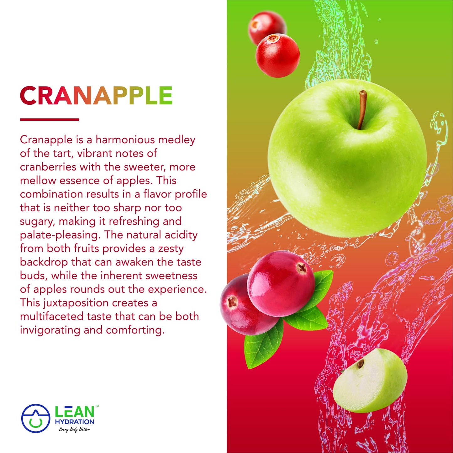 LEAN Hydration Natural Electrolyte Immune Formula - Boost Immunity and Stay Hydrated with Zero Sugar and No Artificial Flavors or Sweeteners 15 ct Packets (Cranapple)