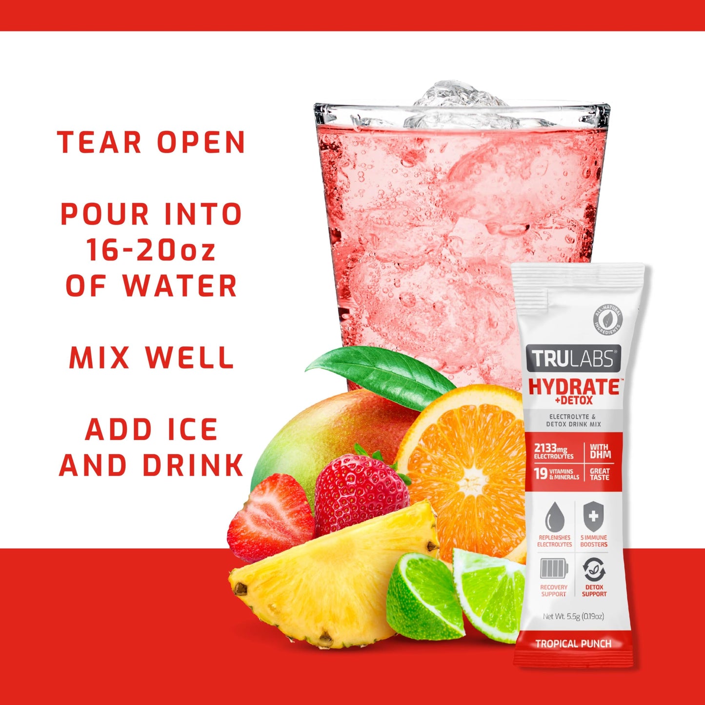 TRULABS Hydrate + Detox Tropical Punch 6ct. Sugar Free Electrolytes Hydration Packets. Each Serving Contains 1422 mg of Electrolytes &19 Vitamins & Minerals & DHM.