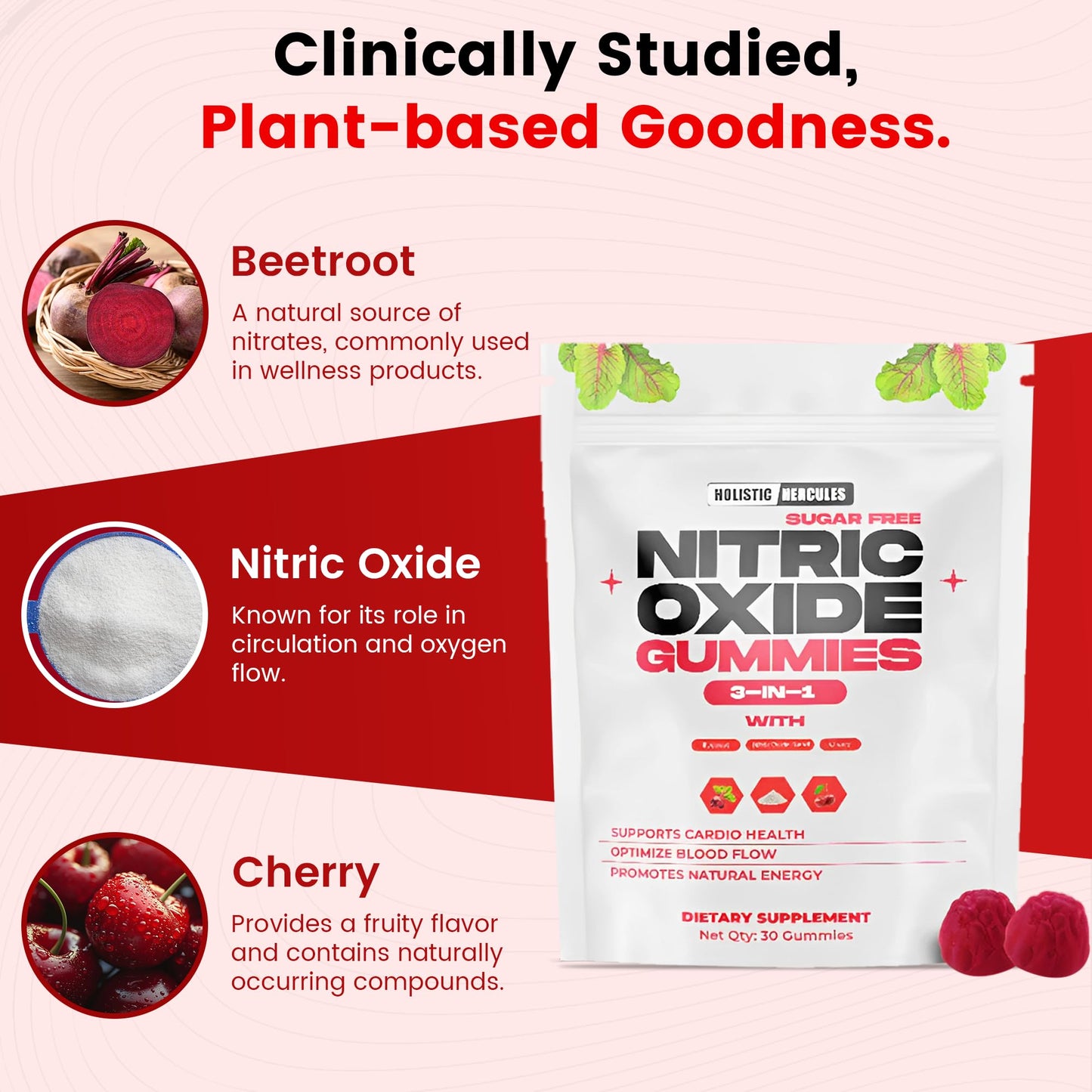 Holistic Hercules Nitric Oxide Gummies - Nitric Oxide Supplements for Men - Sugar-Free Beet Root & Cherry Chews for Energy & Circulation - Supports Heart Health & Blood Flow - Vegan, Non-GMO, 30 Count