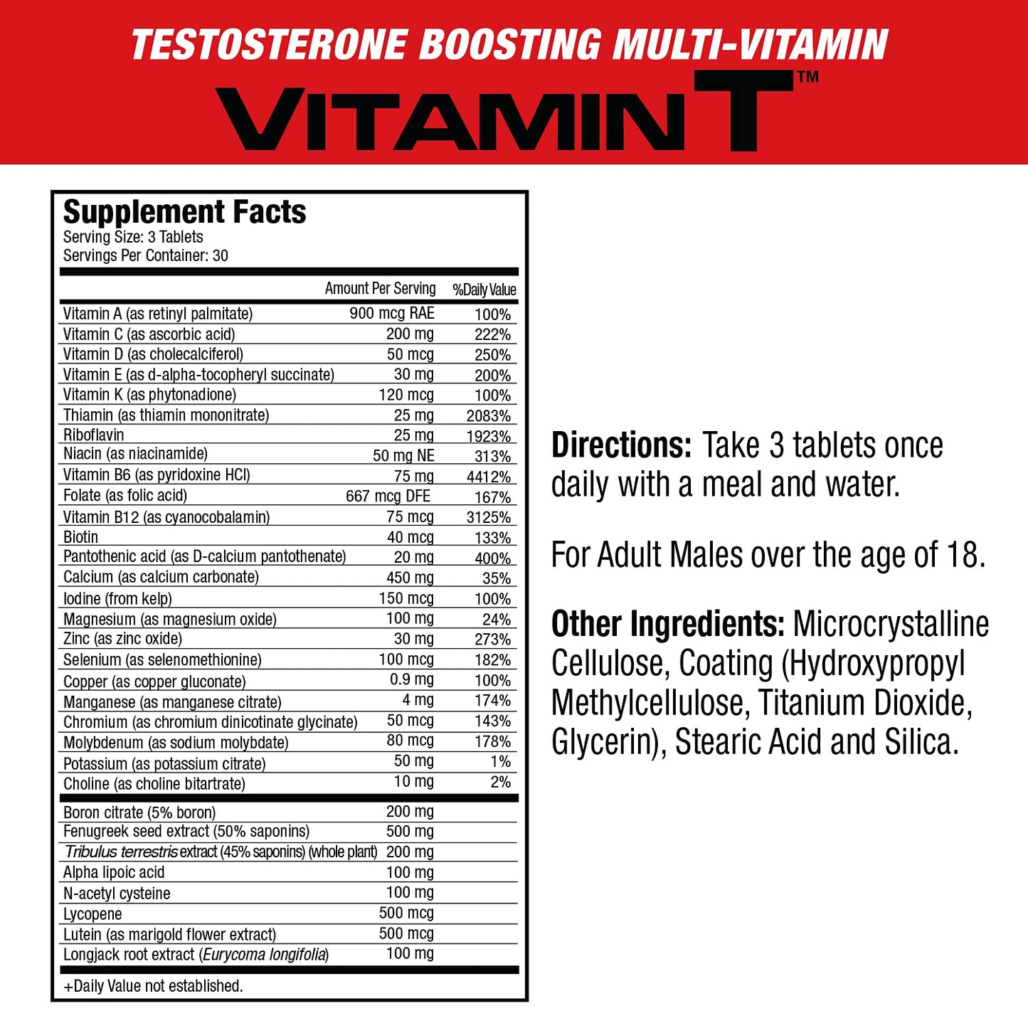 MuscleMeds Vitamin T Daily Complete Multivitamin for Men Enhances Testosterone Muscle Building Sexual Performance 20 Vitamins Minerals Fenugreek Tribulus Longjack, Brown, 90 Count