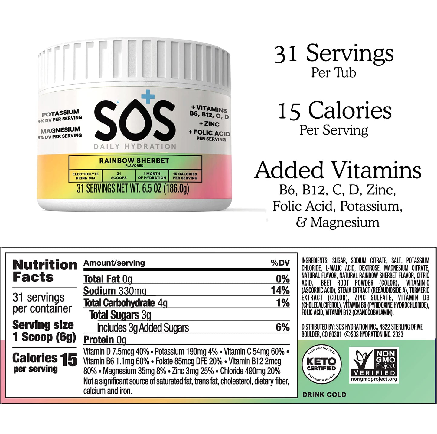 SOS Hydration Electrolyte Powder, Rainbow Sherbert Flavor, 31 Servings - Low-Calorie, Zero Sugar, Rapid Rehydration, Made in USA, Keto & Vegan Friendly