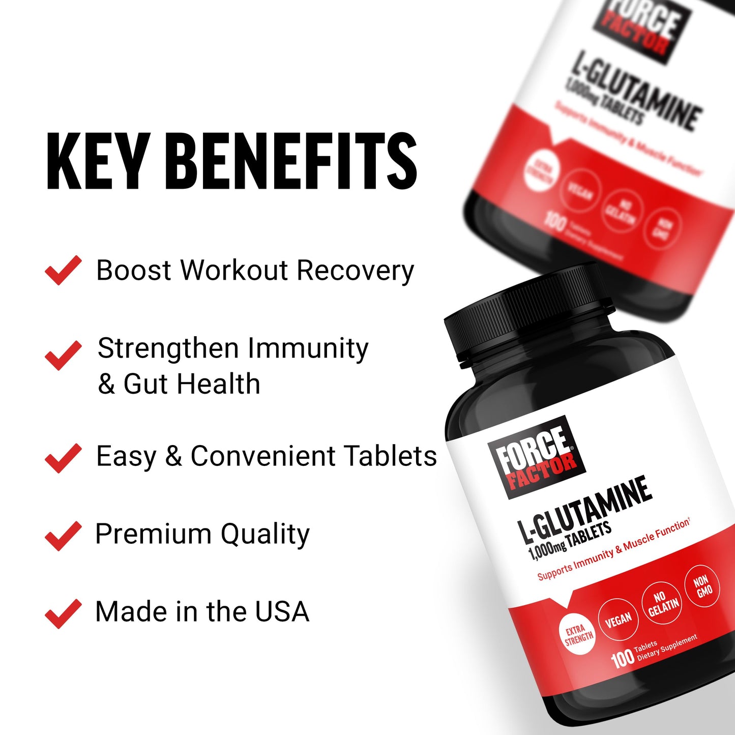 FORCE FACTOR L-Glutamine 1000mg Tablets, Glutamine for Muscle Recovery, Healthy Muscle Function, and Immunity, Vegan, Non-GMO, 100 Tablets